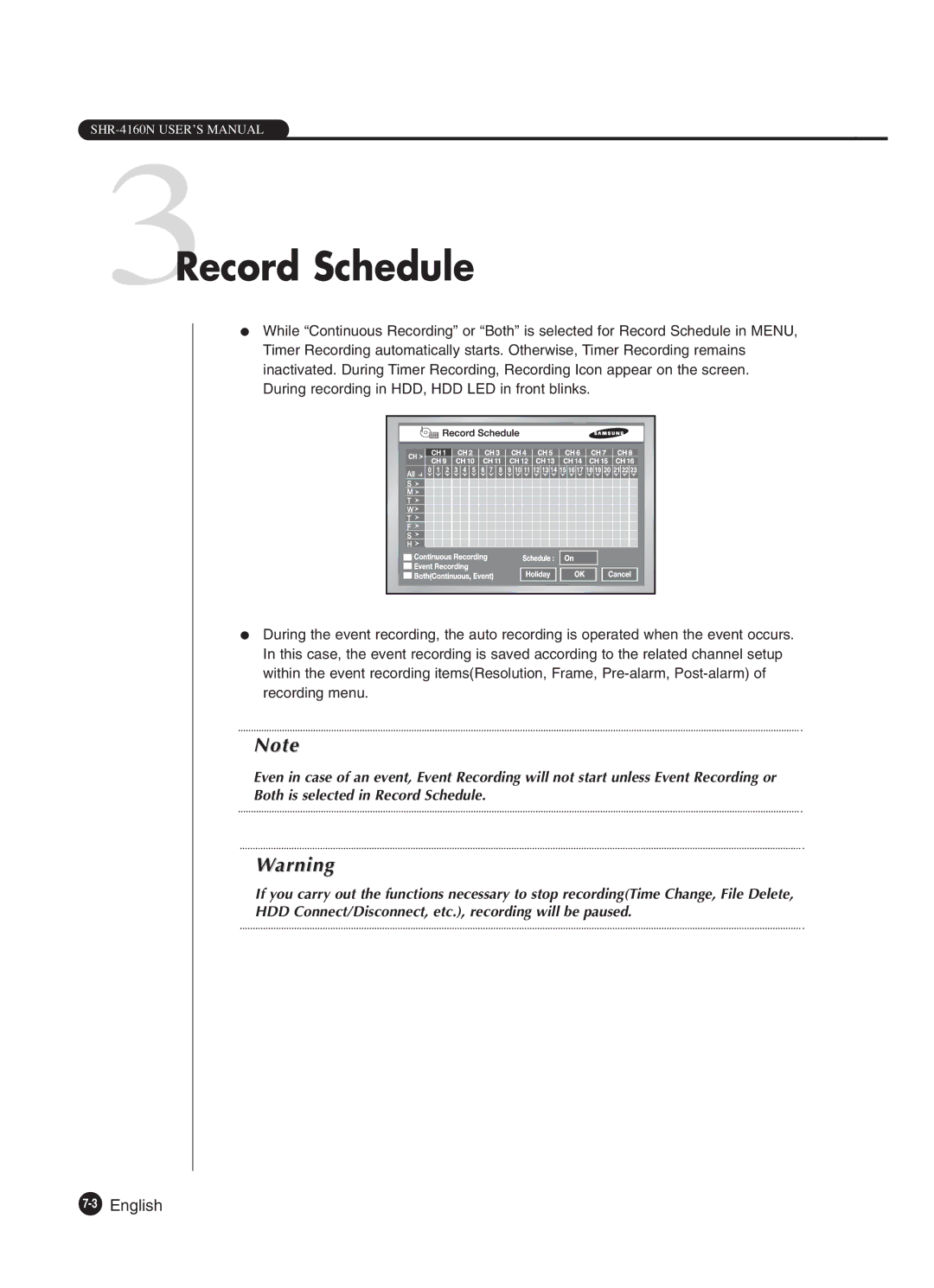 Samsung SHR-4160P manual 3Record Schedule, 3English 