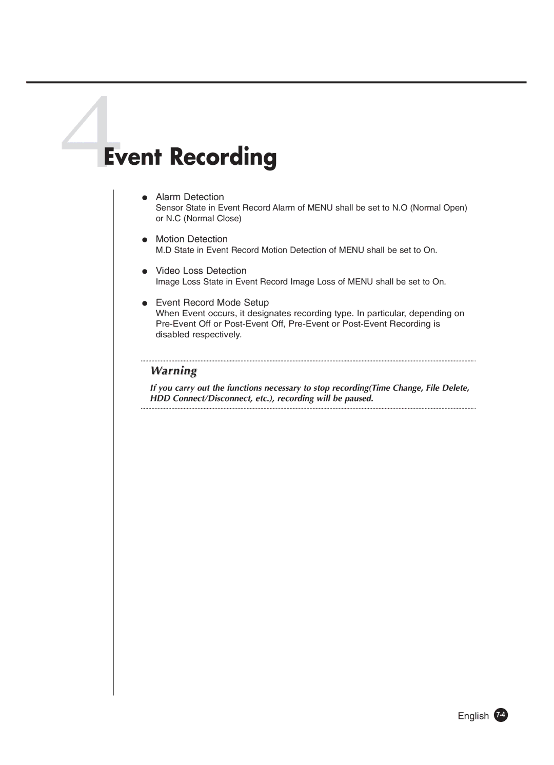 Samsung SHR-4160P manual 4Event Recording, Alarm Detection, Motion Detection, Video Loss Detection, Event Record Mode Setup 