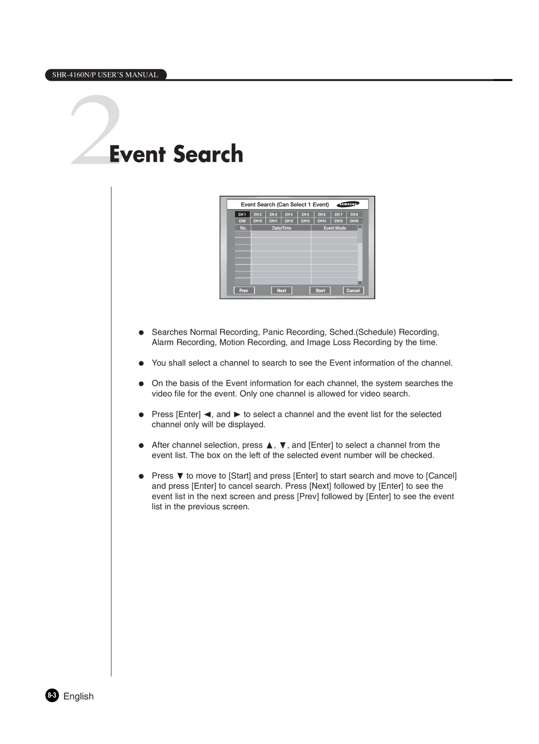 Samsung SHR-4160P manual 2Event Search, 3English 