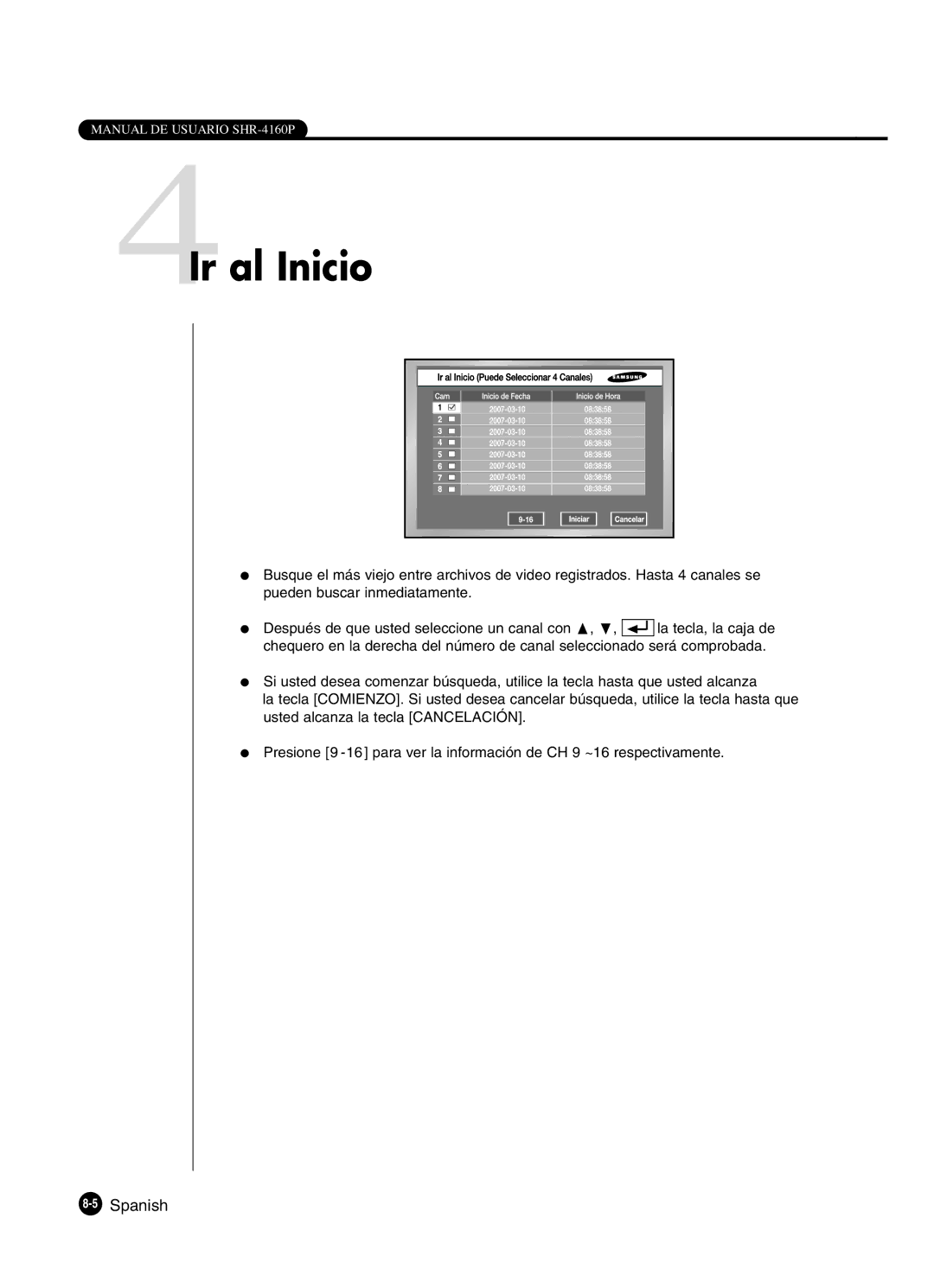 Samsung SHR-4160P manual 4Ir al Inicio, 5Spanish 