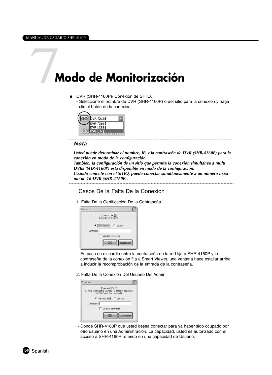 Samsung SHR-4160P manual 7Modo de Monitorización, 10-9Spanish 