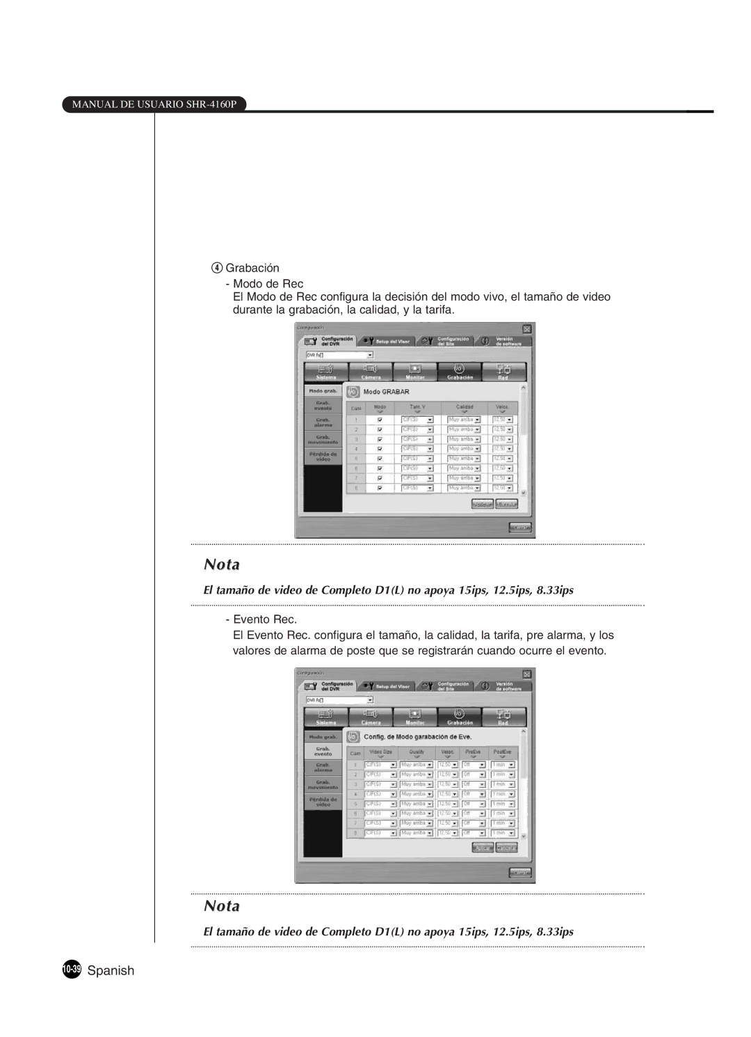 Samsung SHR-4160P manual 10-39Spanish, Evento Rec 