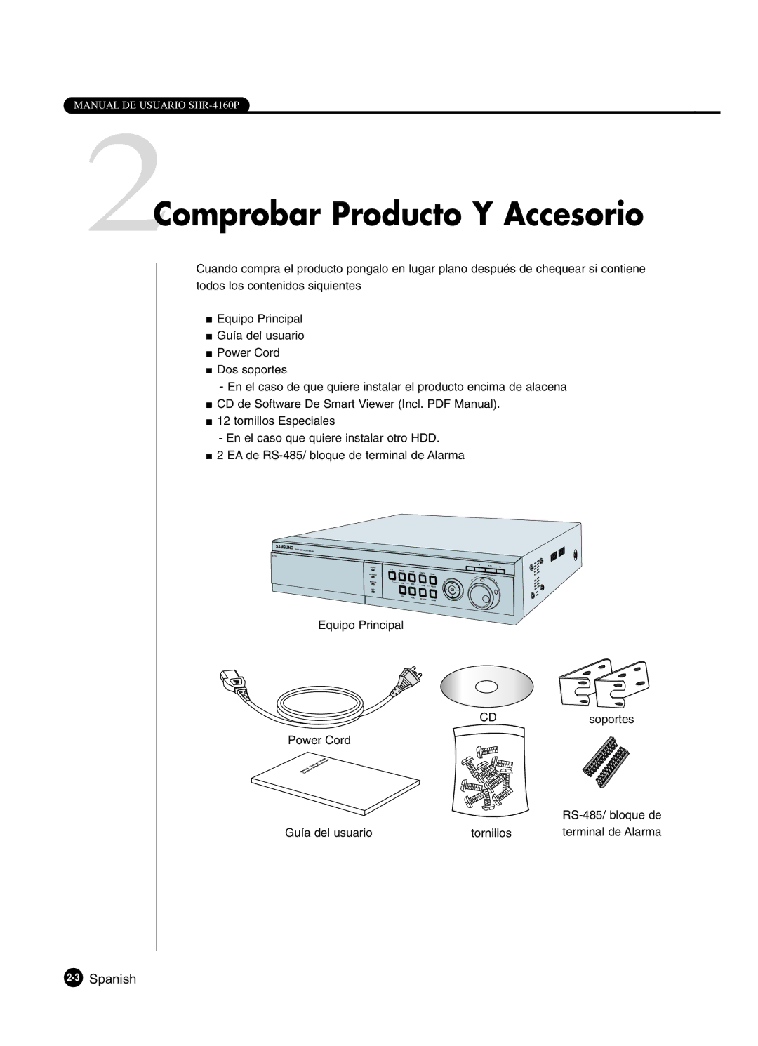 Samsung SHR-4160P manual 2Comprobar Producto Y Accesorio, Guía del usuario Tornillos 