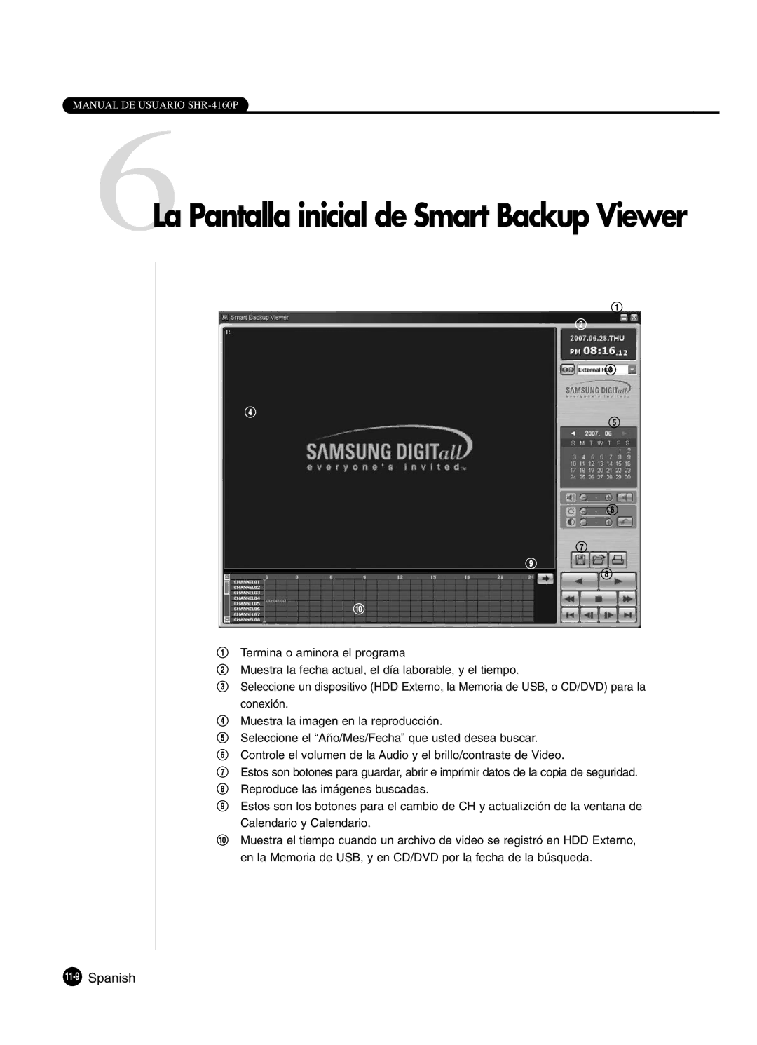 Samsung SHR-4160P manual 6La Pantalla inicial de Smart Backup Viewer, 11-9Spanish 