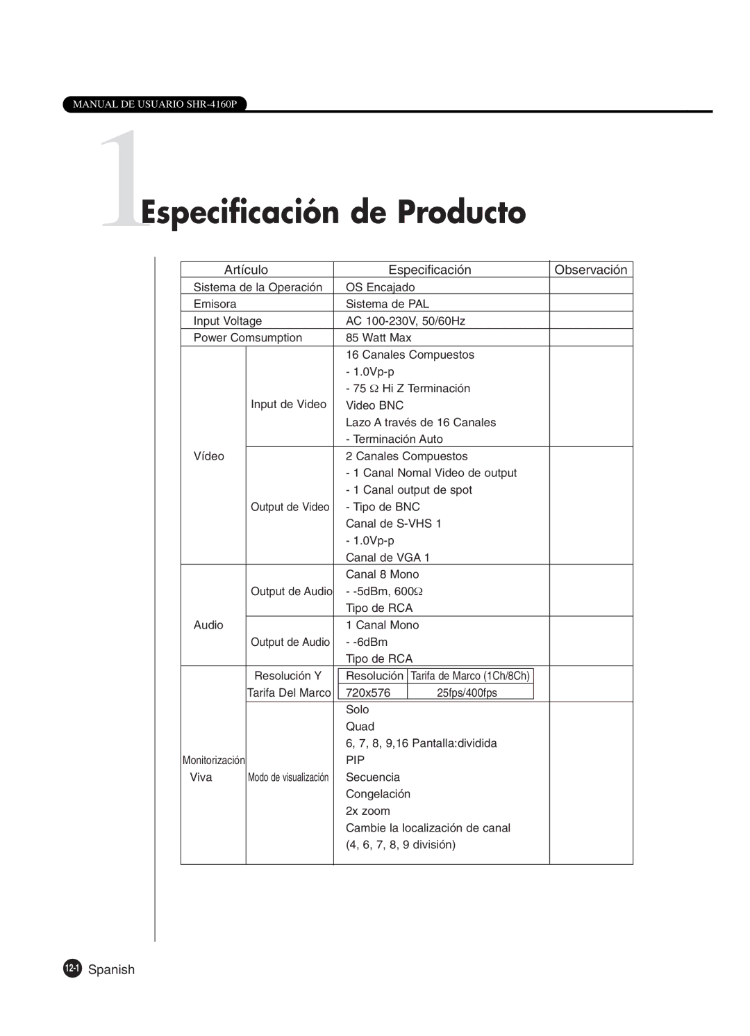 Samsung SHR-4160P manual 1Especificación de Producto, Artículo Especificación Observación, 12-1Spanish 