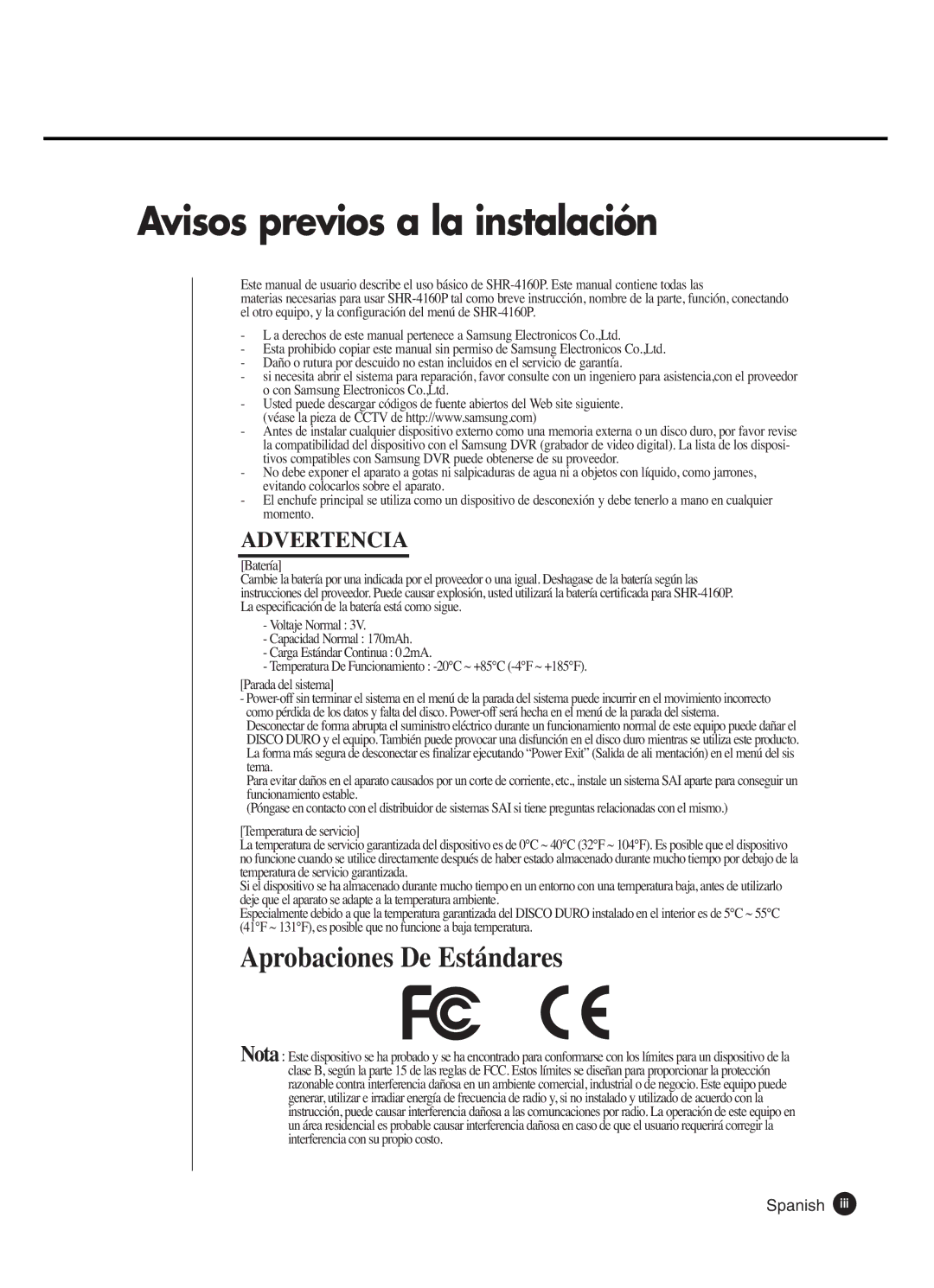 Samsung SHR-4160P manual Avisos previos a la instalación, Spanish 