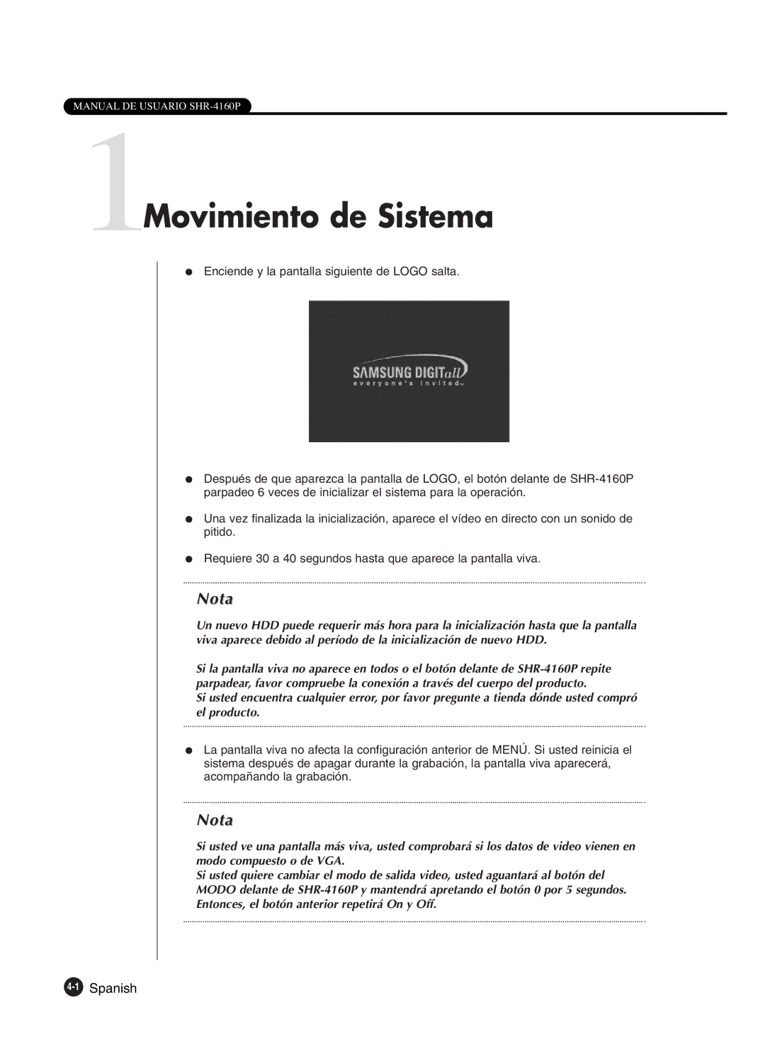 Samsung SHR-4160P manual 1Movimiento de Sistema, 1Spanish 