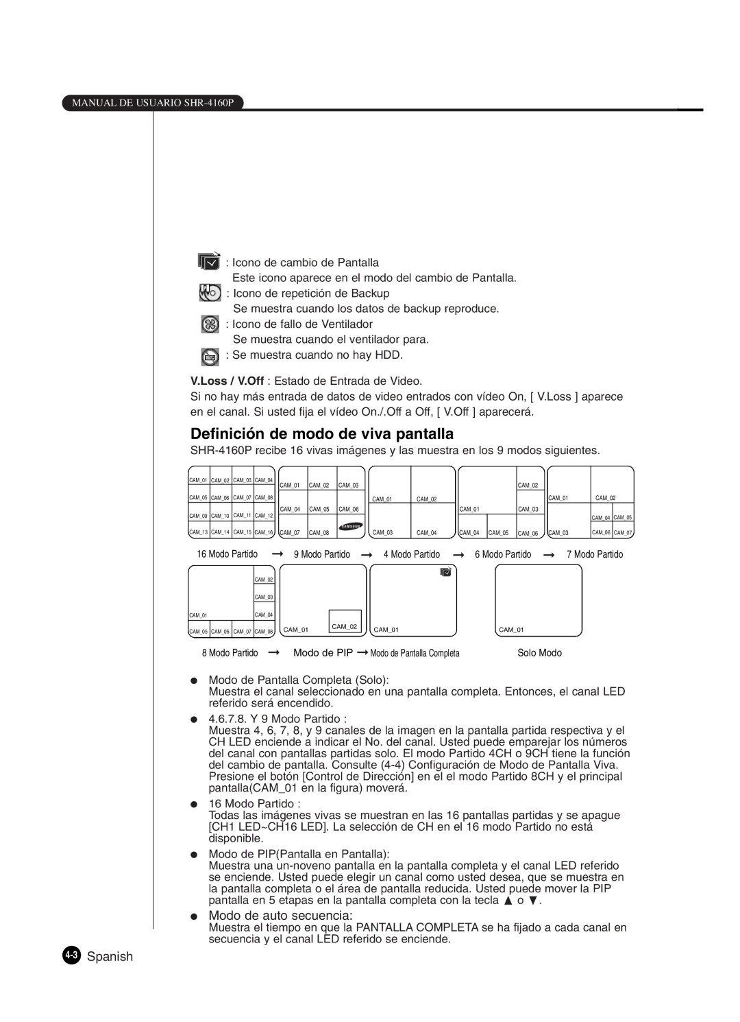 Samsung SHR-4160P manual Definición de modo de viva pantalla, Modo de auto secuencia 