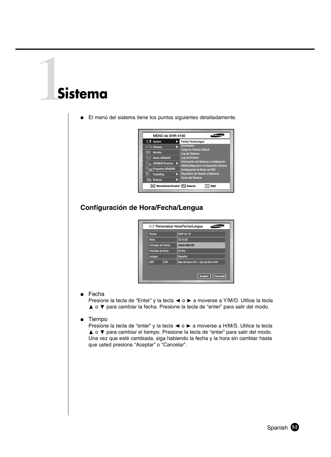 Samsung SHR-4160P manual 1Sistema, Configuración de Hora/Fecha/Lengua, Tiempo 