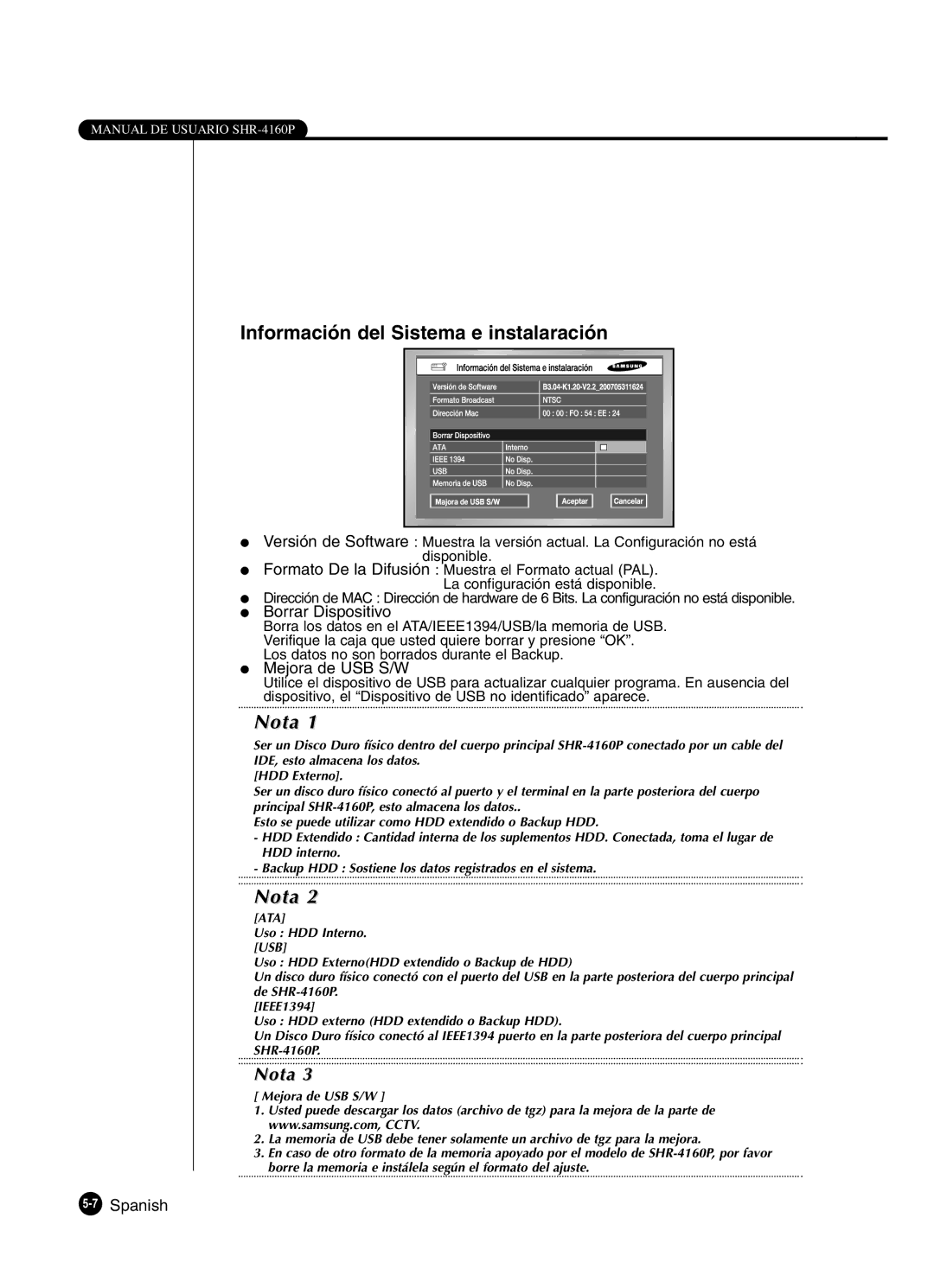 Samsung SHR-4160P manual Información del Sistema e instalaración, Borrar Dispositivo, Mejora de USB S/W 