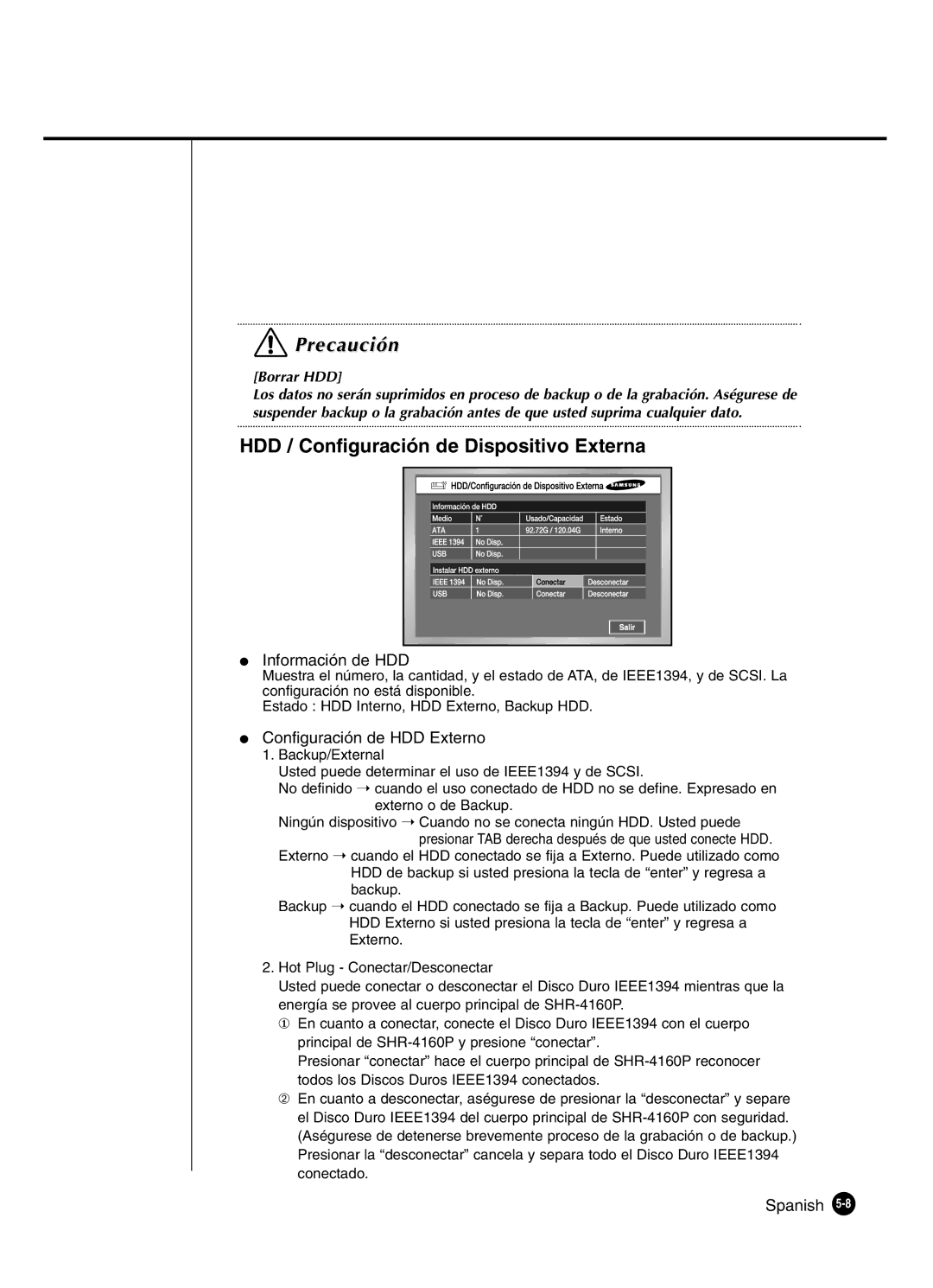 Samsung SHR-4160P manual HDD / Configuración de Dispositivo Externa, Información de HDD, Configuración de HDD Externo 