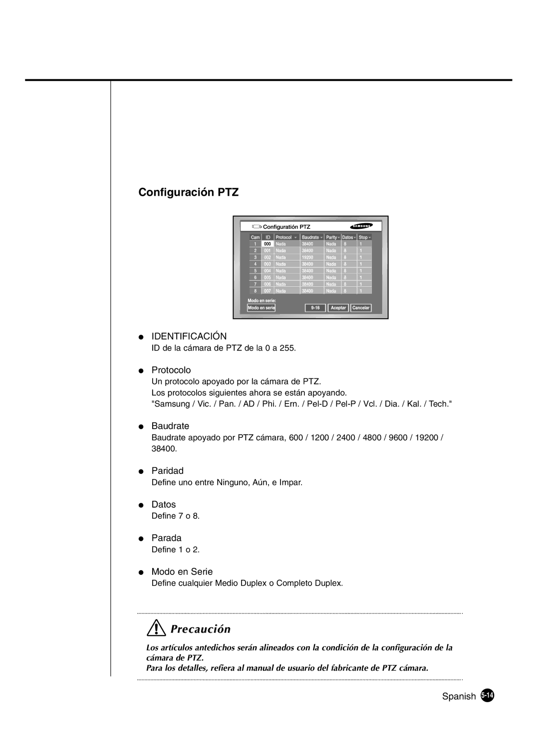 Samsung SHR-4160P Configuración PTZ, Protocolo, ID de la cámara de PTZ de la 0 a, Define uno entre Ninguno, Aún, e Impar 