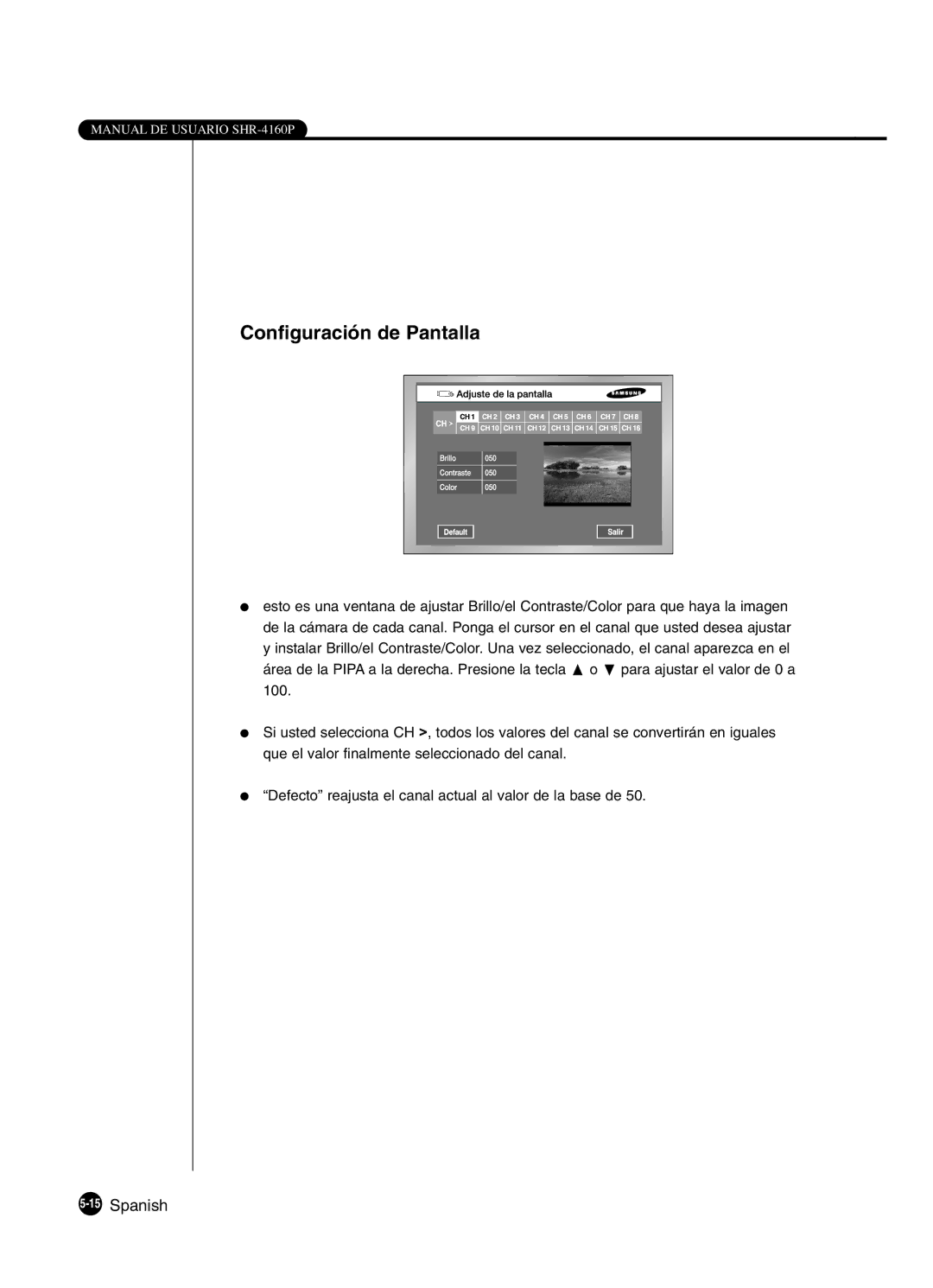 Samsung SHR-4160P manual Configuración de Pantalla, 15Spanish 