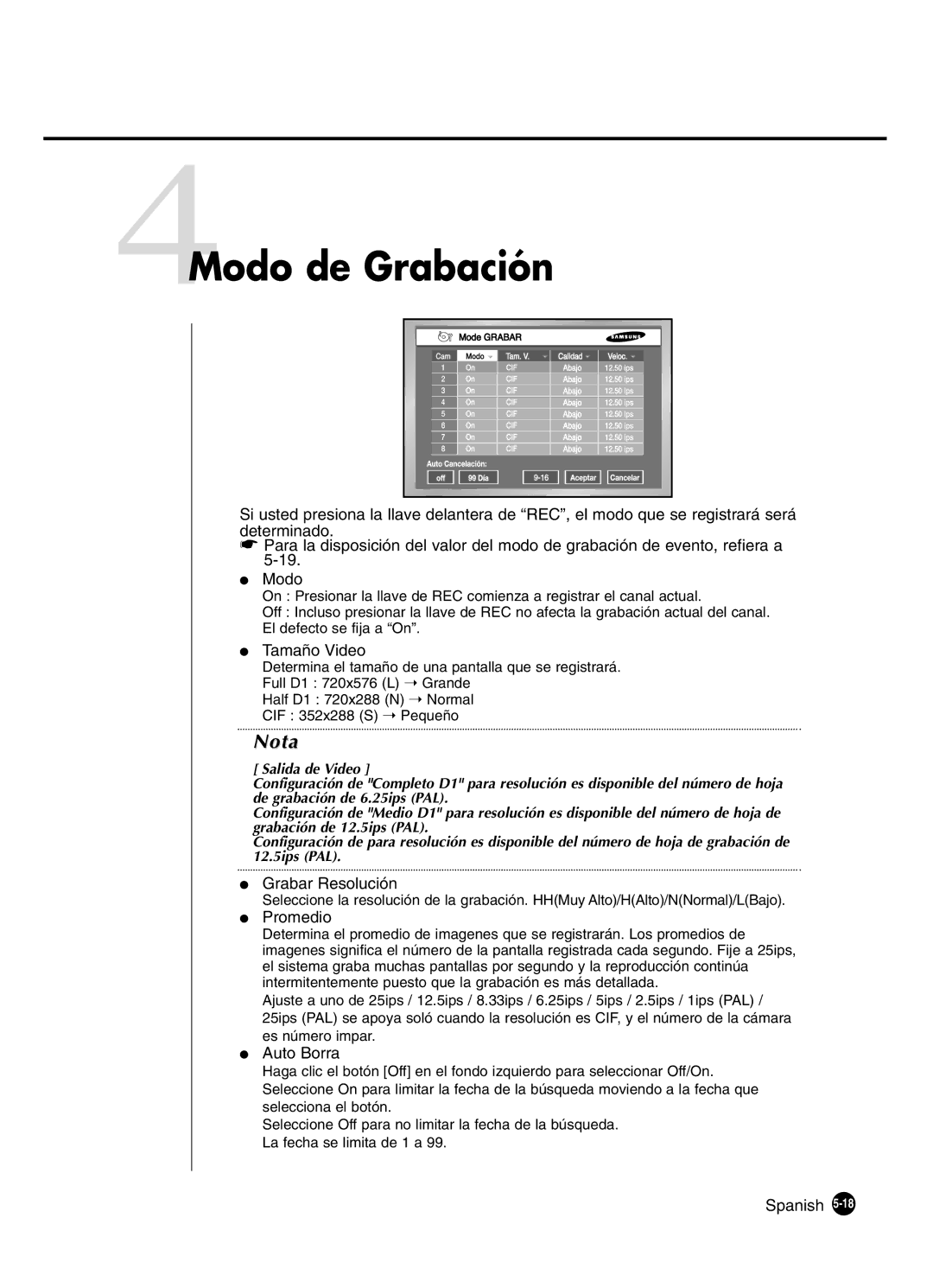 Samsung SHR-4160P manual 4Modo de Grabación, Tamaño Video, Grabar Resolución, Promedio, Auto Borra 