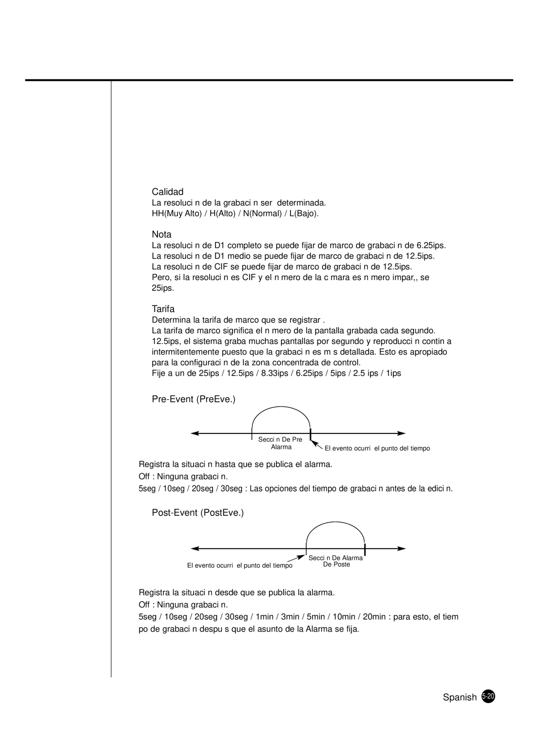 Samsung SHR-4160P manual Calidad, Nota, Tarifa, Pre-Event PreEve, Post-Event PostEve 