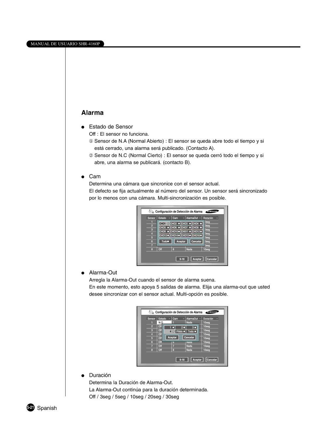 Samsung SHR-4160P manual Alarma 