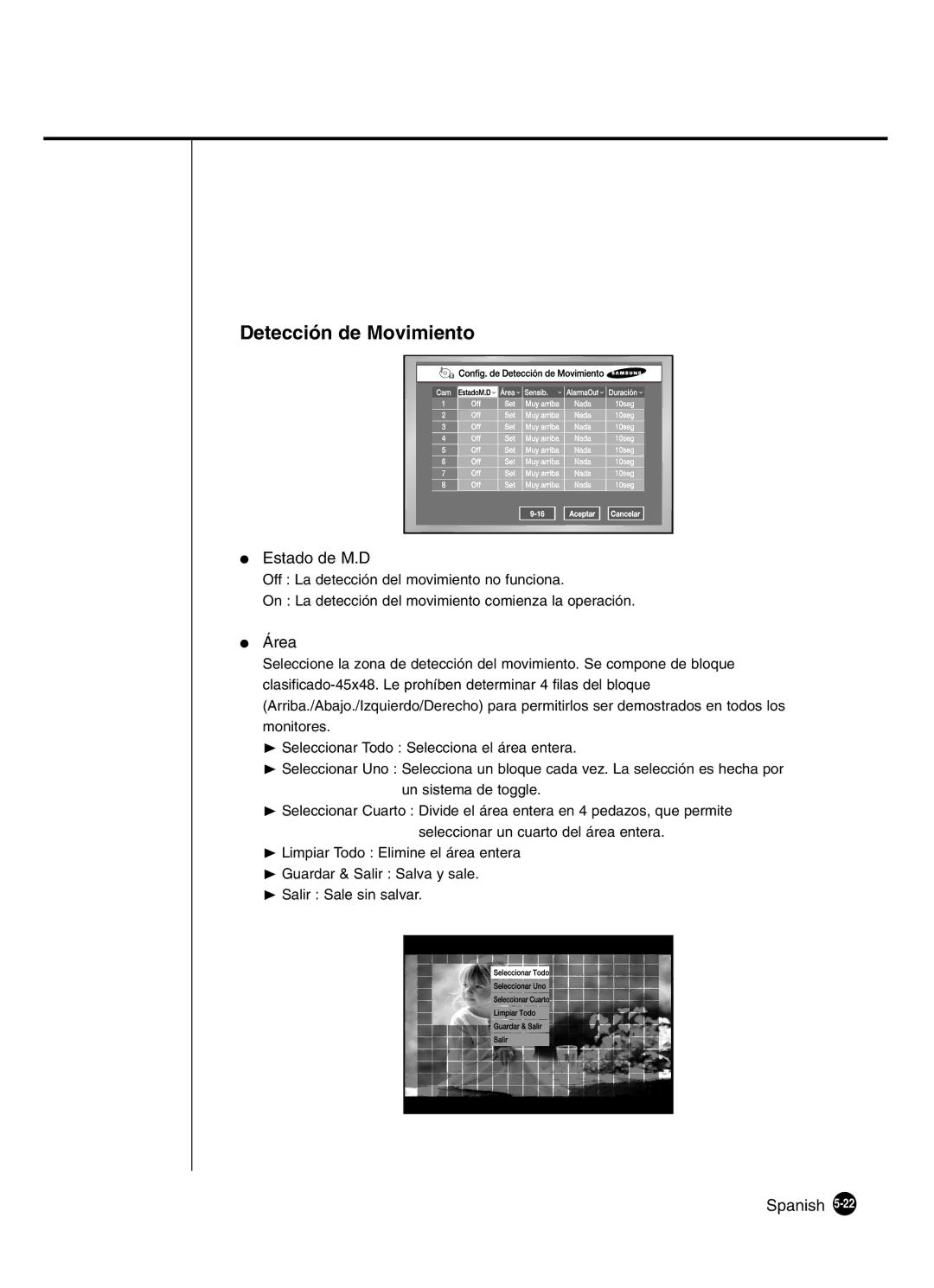 Samsung SHR-4160P manual Detección de Movimiento, Estado de M.D, Área 