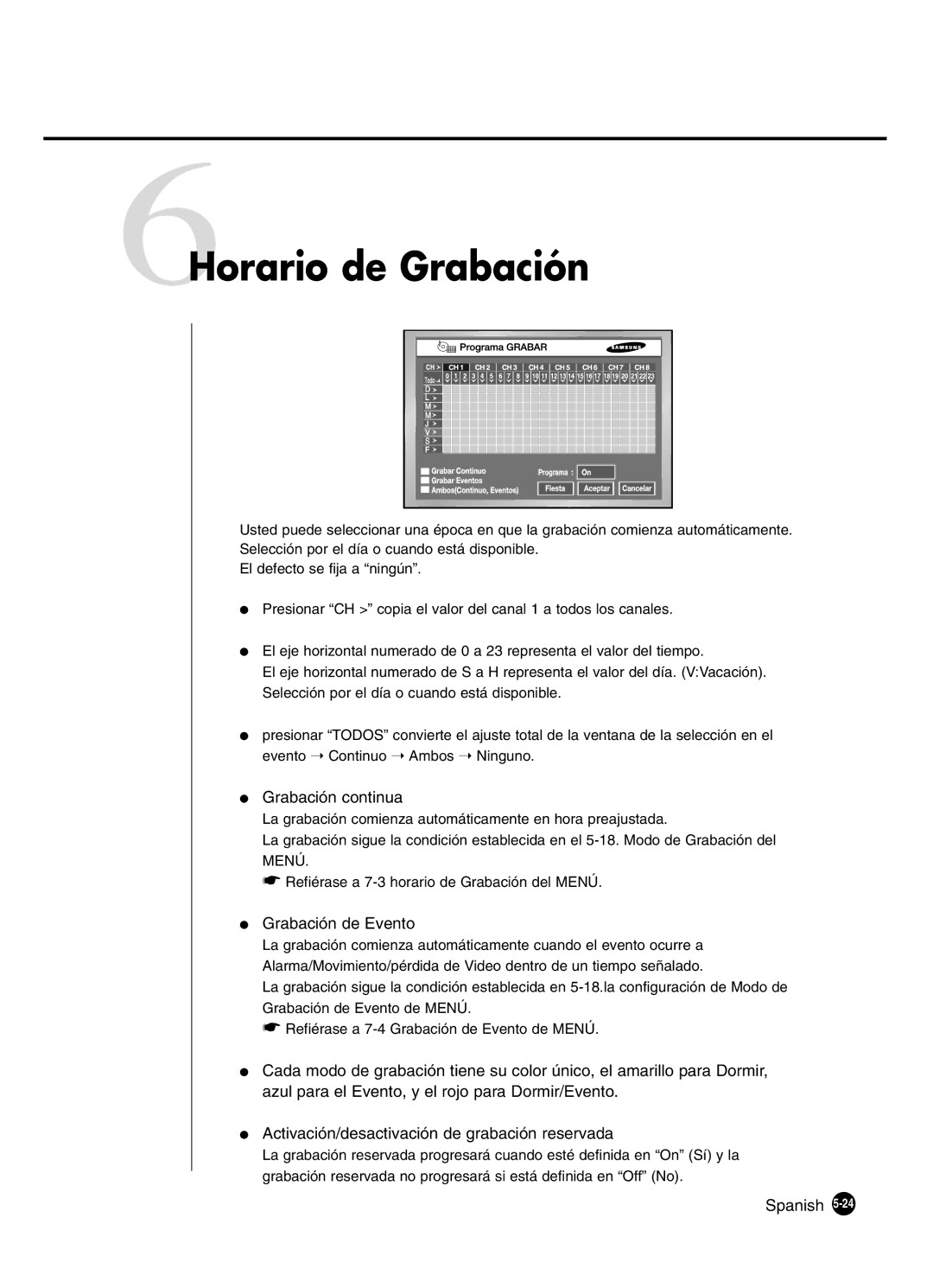 Samsung SHR-4160P manual 6Horario de Grabación, Grabación continua 