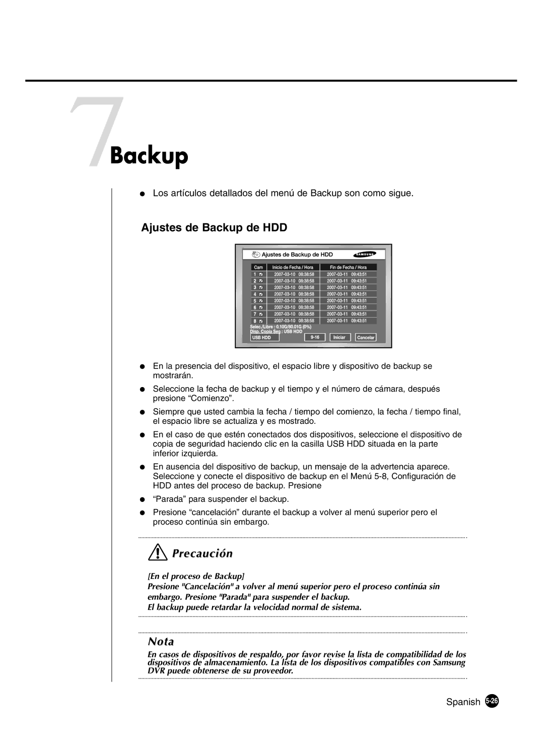 Samsung SHR-4160P manual 7Backup, Ajustes de Backup de HDD, Los artículos detallados del menú de Backup son como sigue 