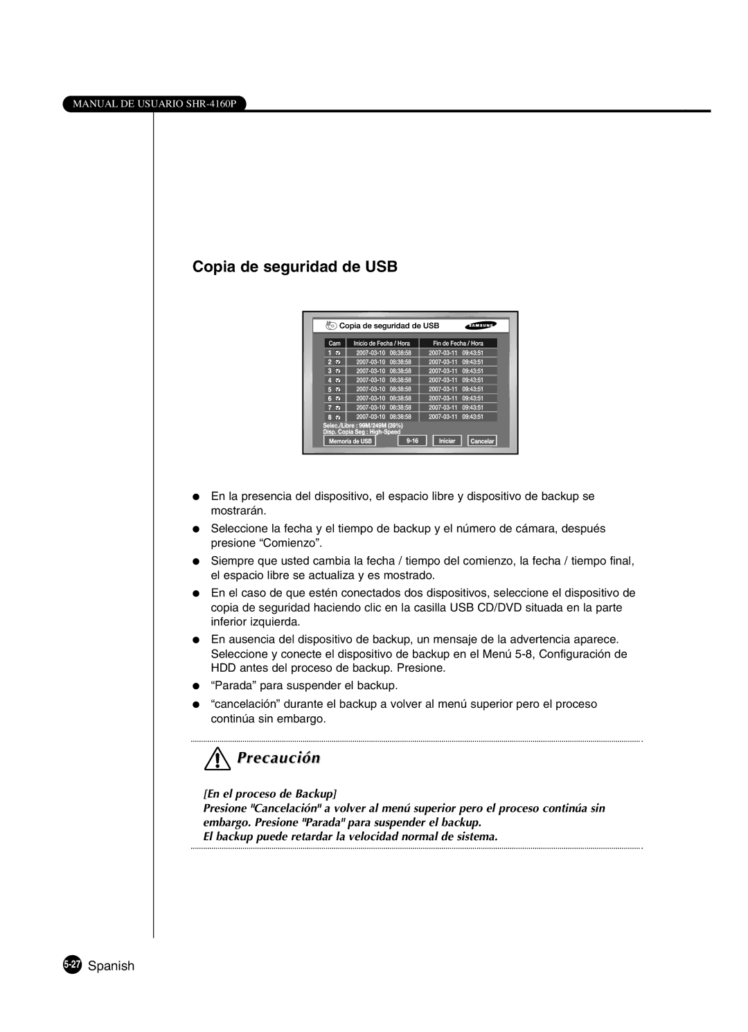 Samsung SHR-4160P manual Copia de seguridad de USB, 27Spanish 