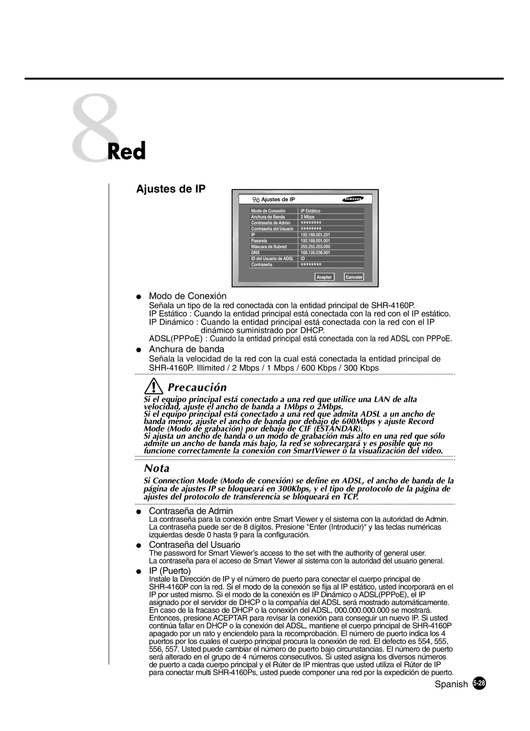 Samsung SHR-4160P manual 8Red, Ajustes de IP 