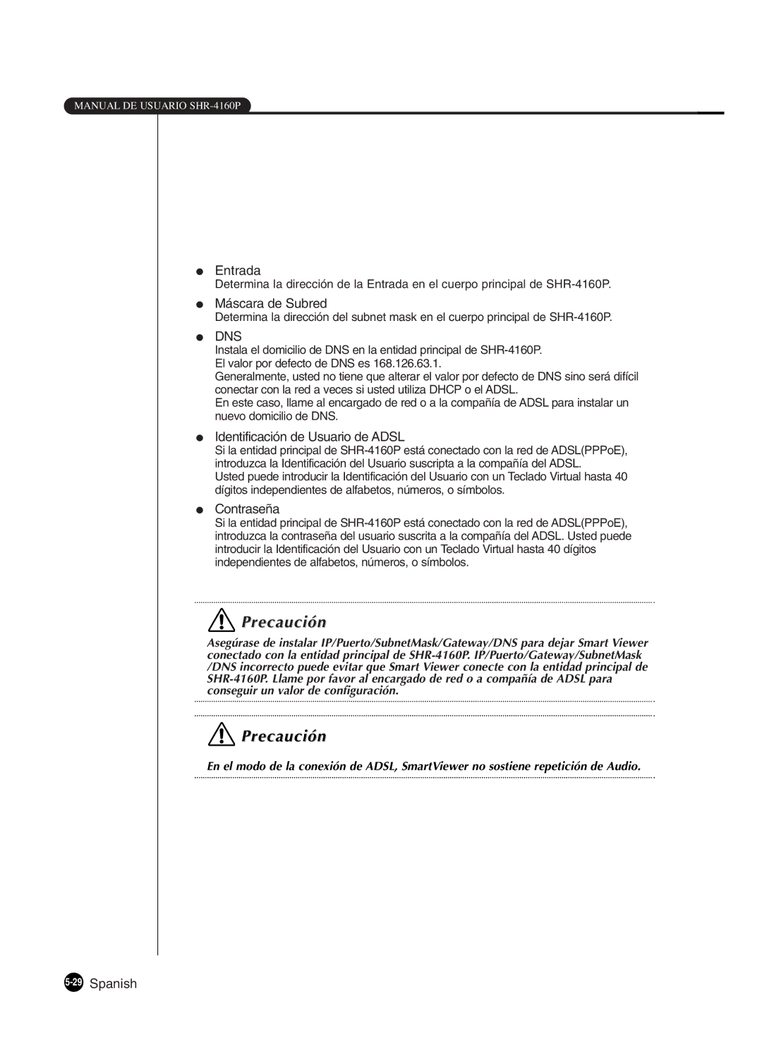 Samsung SHR-4160P manual Entrada, Máscara de Subred, Identificación de Usuario de Adsl, Contraseña, 29Spanish 