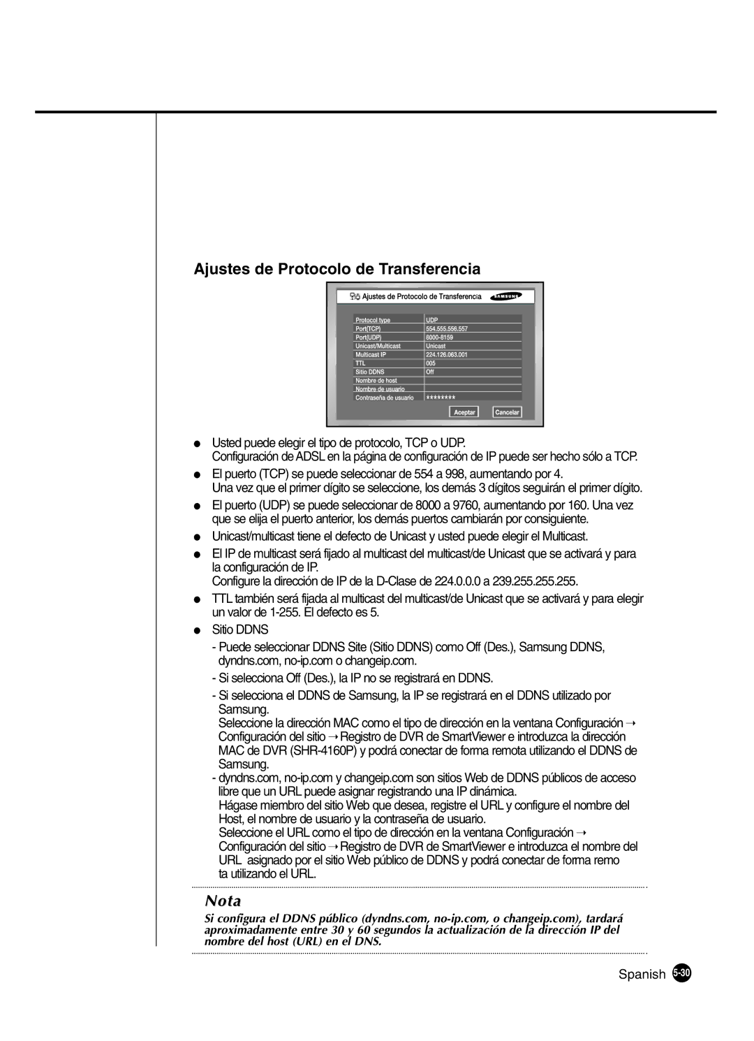 Samsung SHR-4160P manual Ajustes de Protocolo de Transferencia, Usted puede elegir el tipo de protocolo, TCP o UDP 