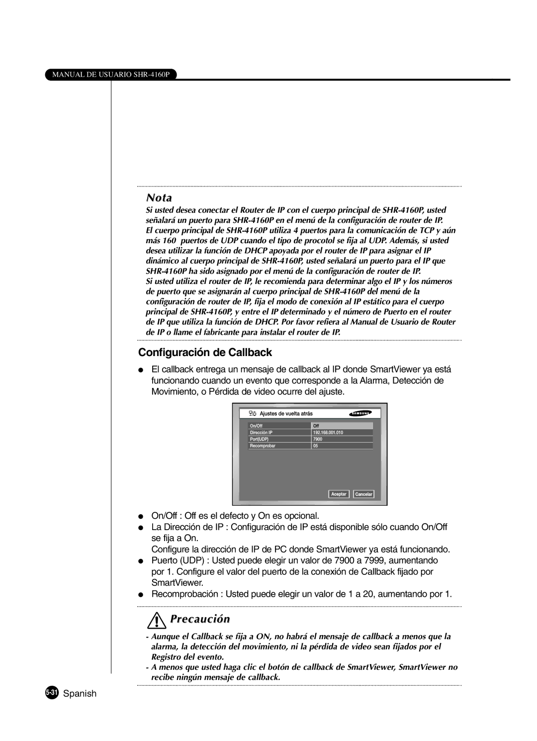 Samsung SHR-4160P manual Configuración de Callback, 31Spanish 