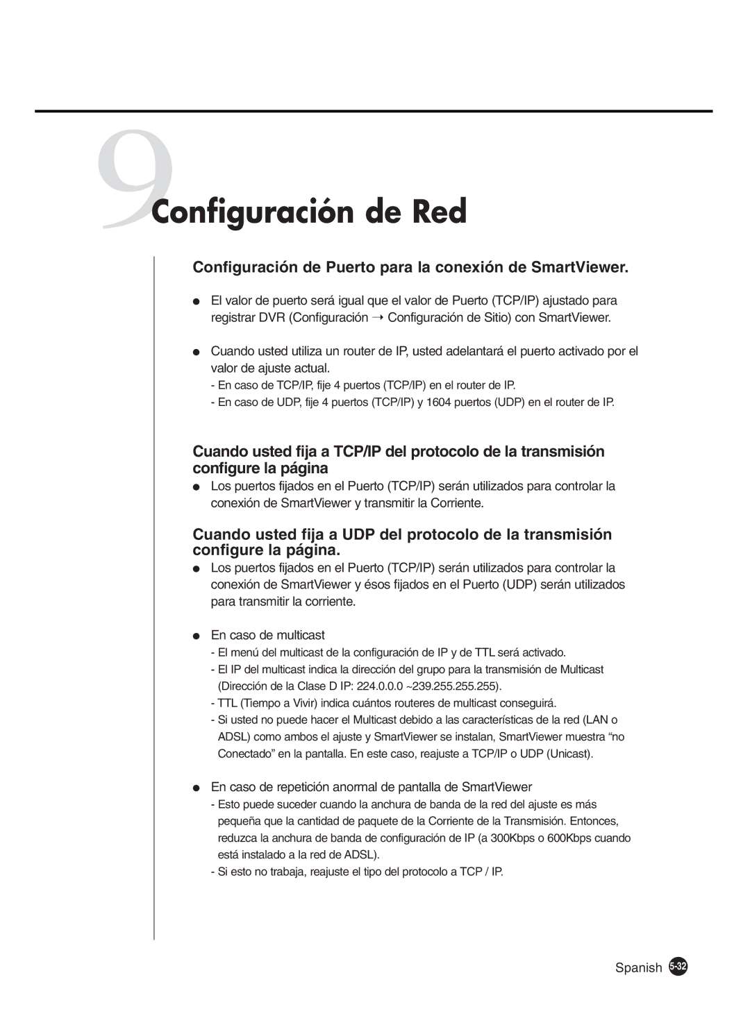 Samsung SHR-4160P manual 9Configuración de Red, Configuración de Puerto para la conexión de SmartViewer 