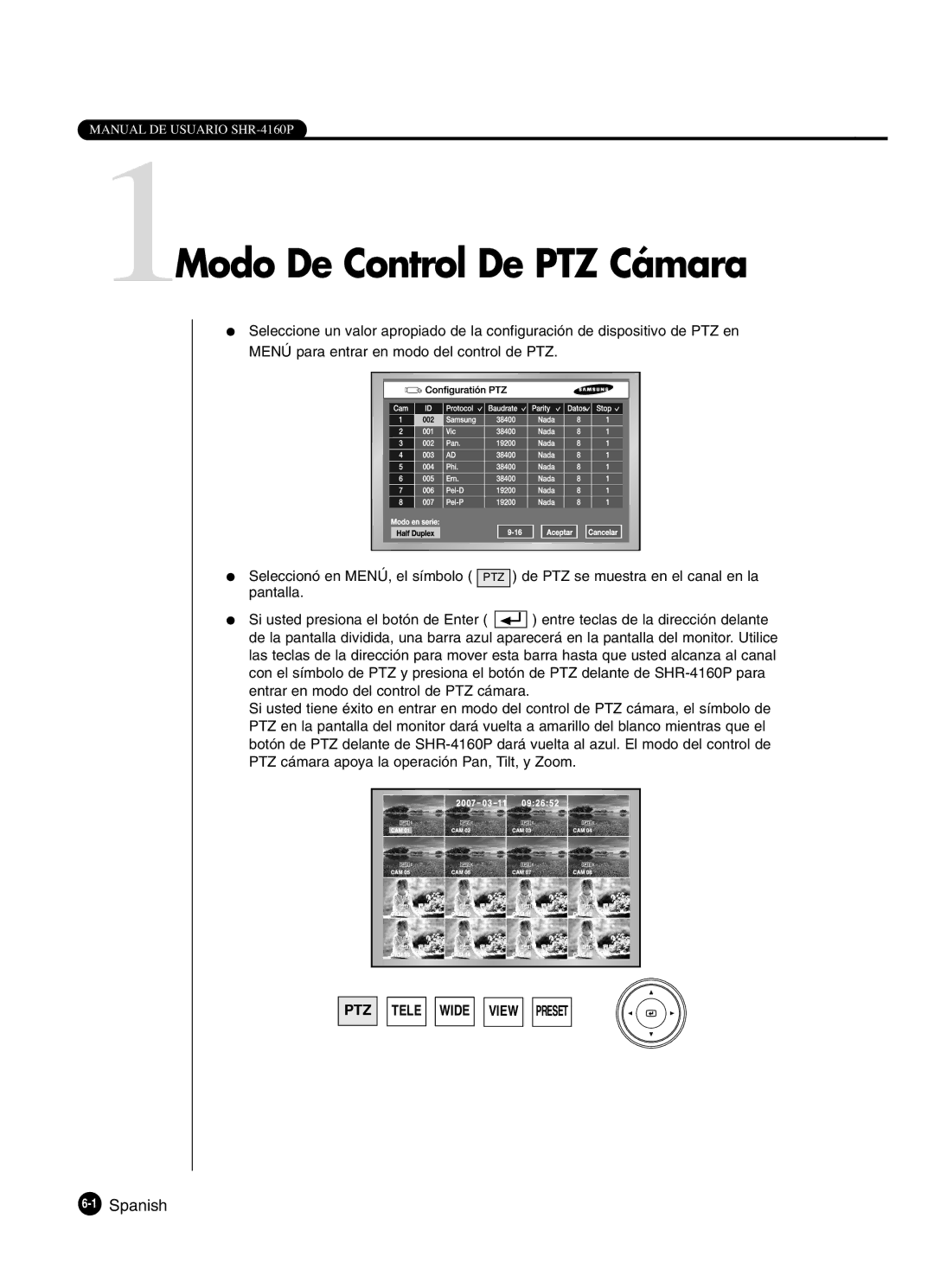 Samsung SHR-4160P manual 1Modo De Control De PTZ Cámara, 1Spanish 