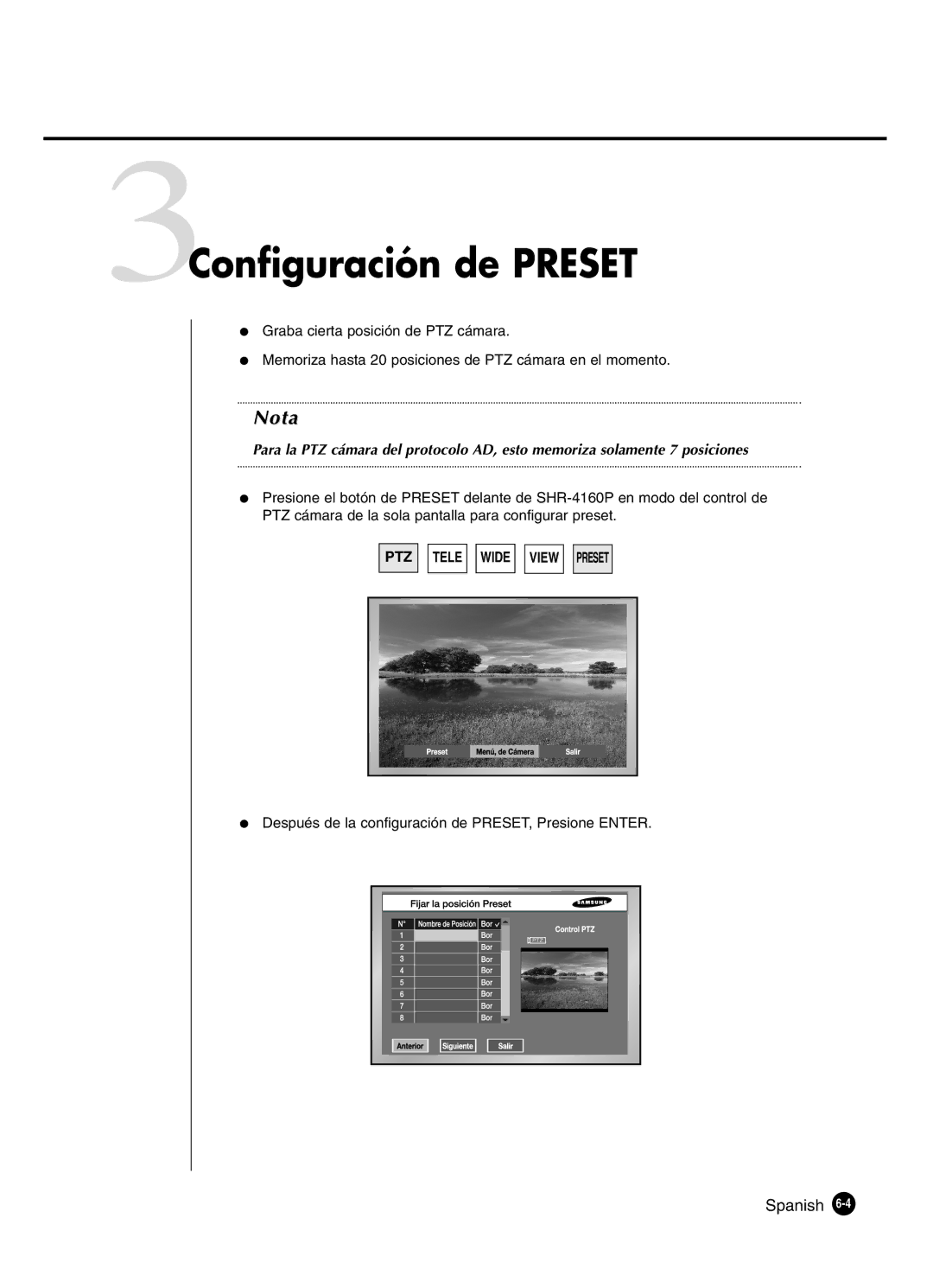 Samsung SHR-4160P manual 3Configuración de Preset, Después de la configuración de PRESET, Presione Enter 