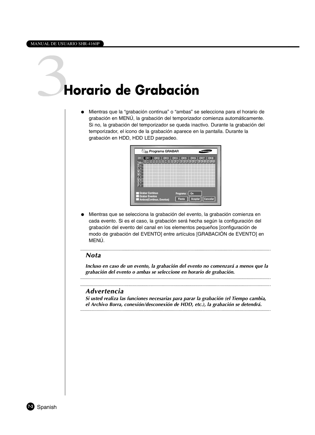 Samsung SHR-4160P manual 3Horario de Grabación, 3Spanish 