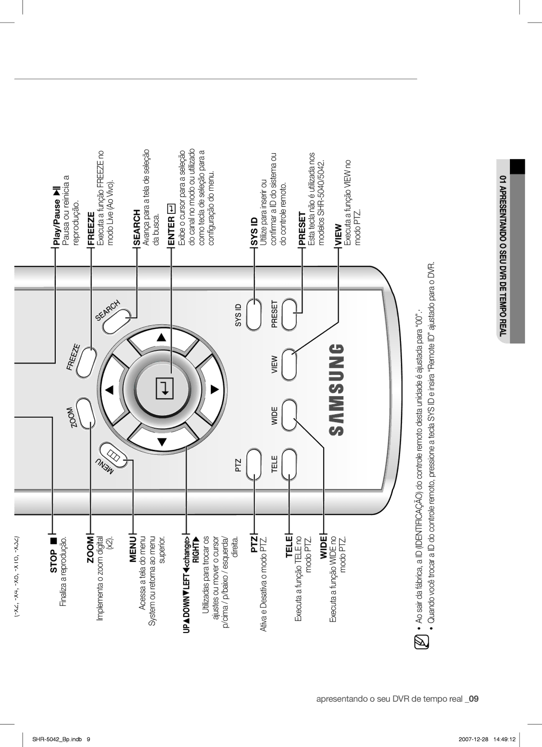 Samsung SHR-5040 user manual Stop, Zoom, Menu, Ptz, Tele, Wide, Freeze, Search, Sys Id, Preset, View 