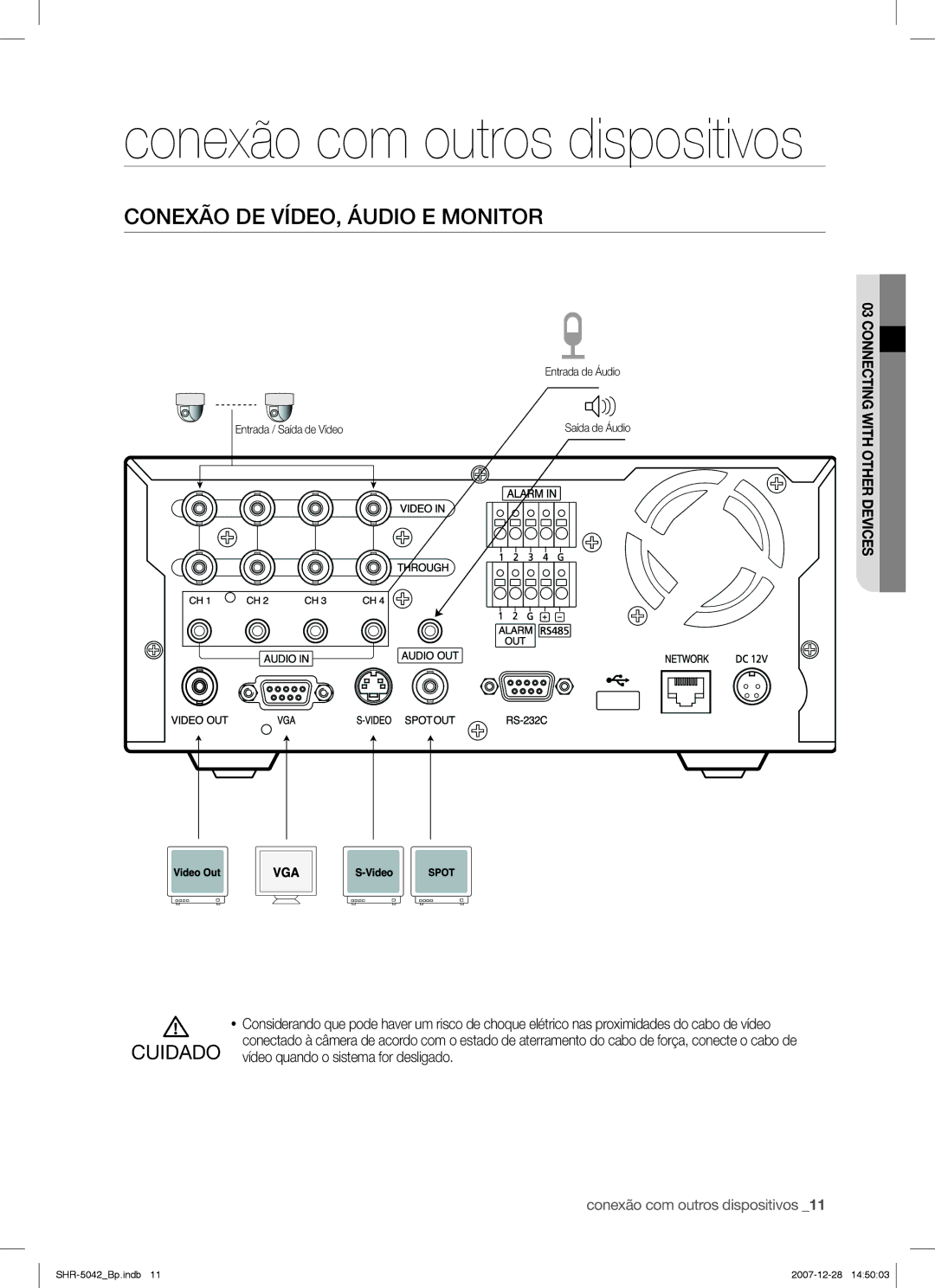 Samsung SHR-5040 user manual Conexão DE VÍDEO, Áudio E Monitor, Cuidado, Vídeo quando o sistema for desligado 