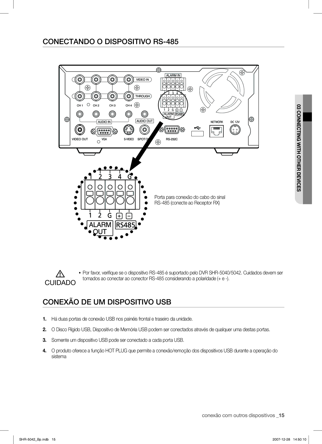 Samsung SHR-5040 user manual Conectando O Dispositivo RS-485, Conexão DE UM Dispositivo USB 