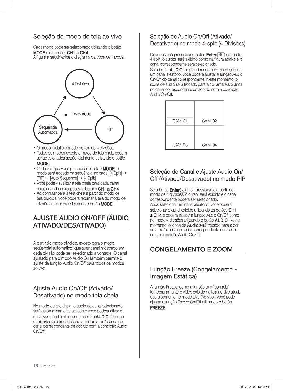 Samsung SHR-5040 Ajuste Audio ON/OFF Áudio ATIVADO/DESATIVADO, Congelamento E Zoom, Seleção do modo de tela ao vivo 