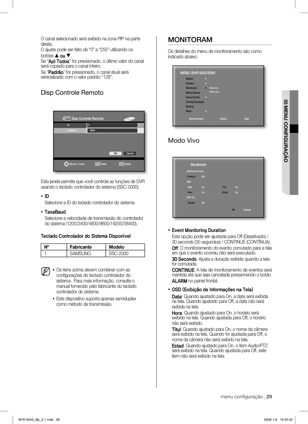 Samsung SHR-5040 user manual Monitoram, Disp Controle Remoto, Modo Vivo, Samsung 