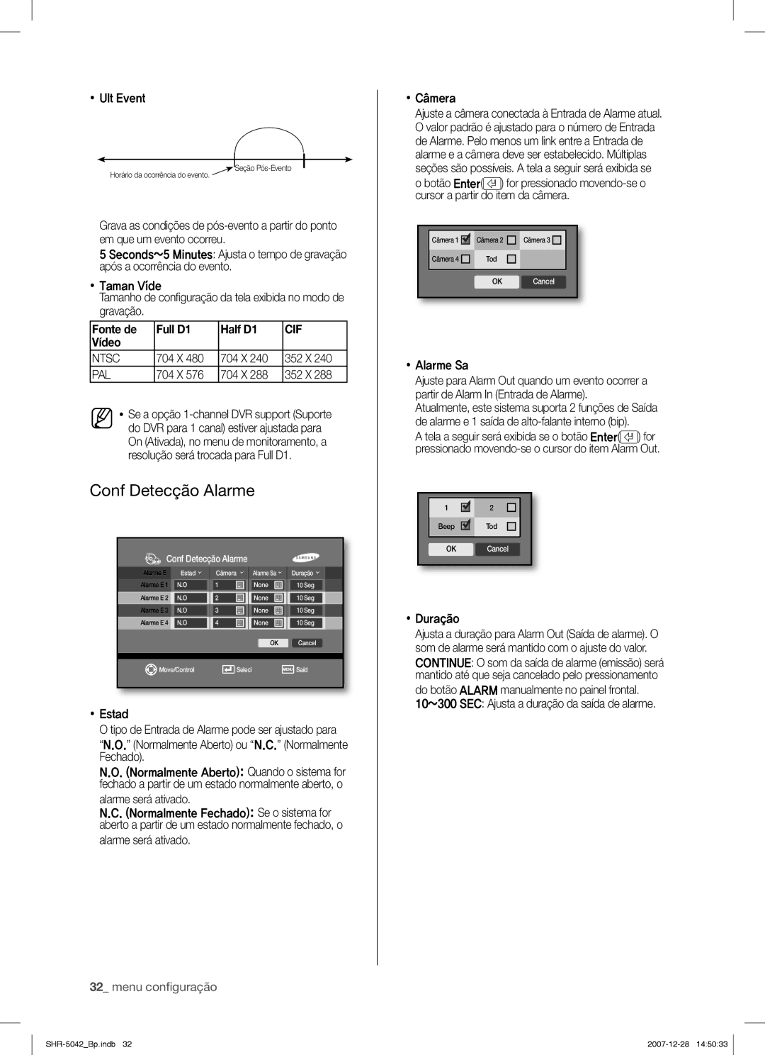 Samsung SHR-5040 user manual Conf Detecção Alarme,  Ult Event, Alarme será ativado,  Alarme Sa,  DuraZWo 