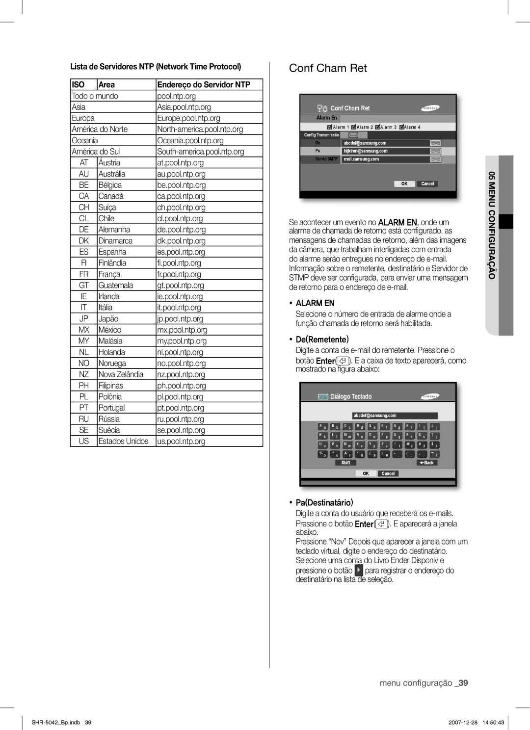 Samsung SHR-5040 Conf Cham Ret, Lista de Servidores NTP Network Time Protocol, Iso, Area Endereço do Servidor NTP 