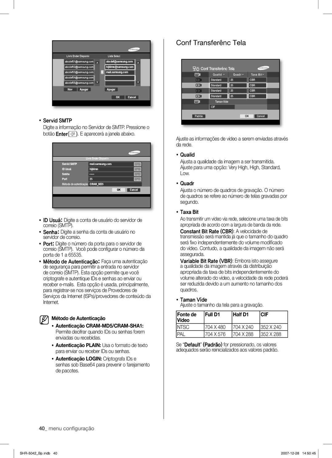 Samsung SHR-5040 user manual Conf Transferênc Tela,  Servid Smtp, Método de Autenticação 