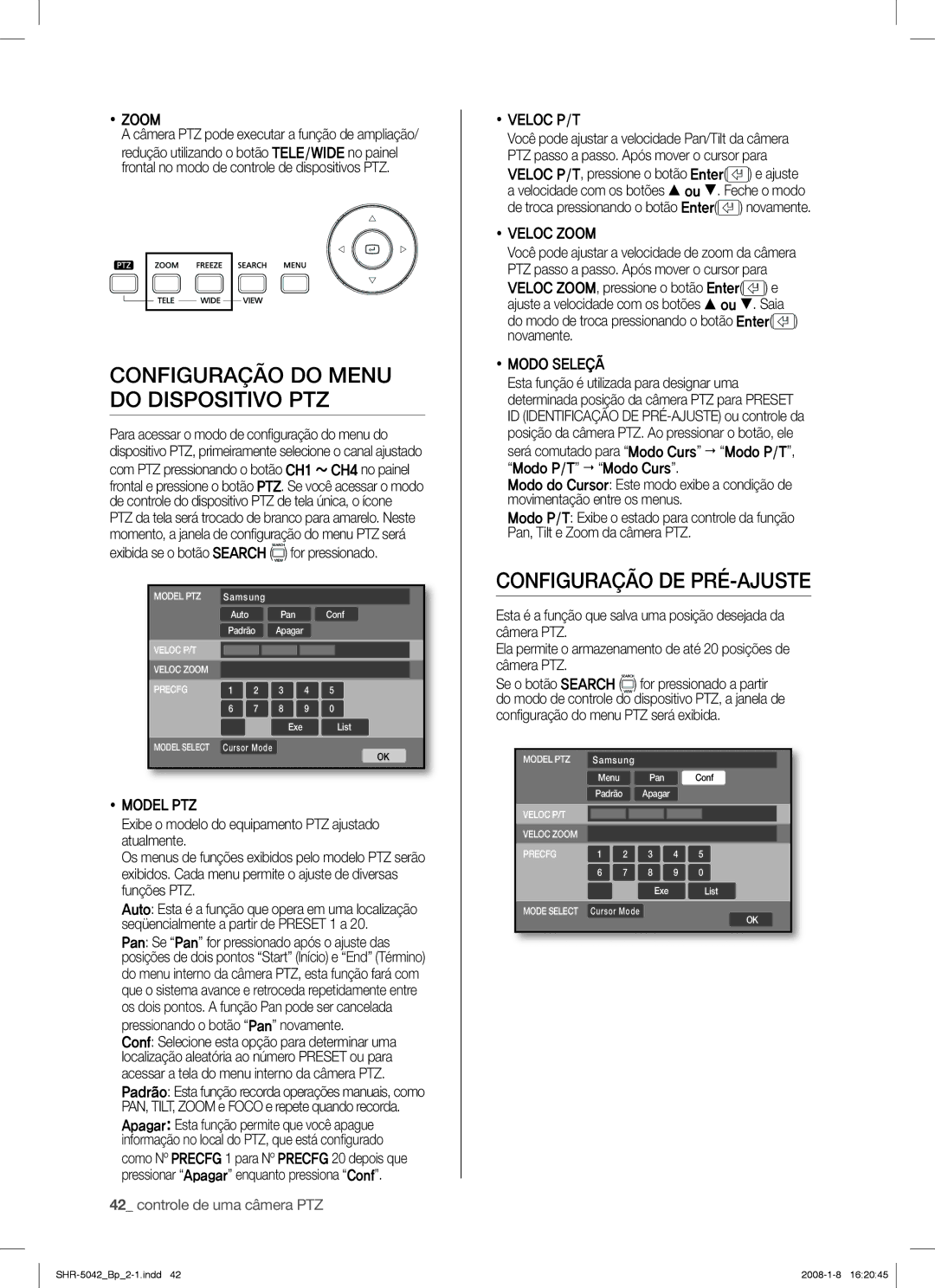 Samsung SHR-5040 user manual Configuração do Menu do Dispositivo PTZ, Configuração DE PRÉ-AJUSTE 