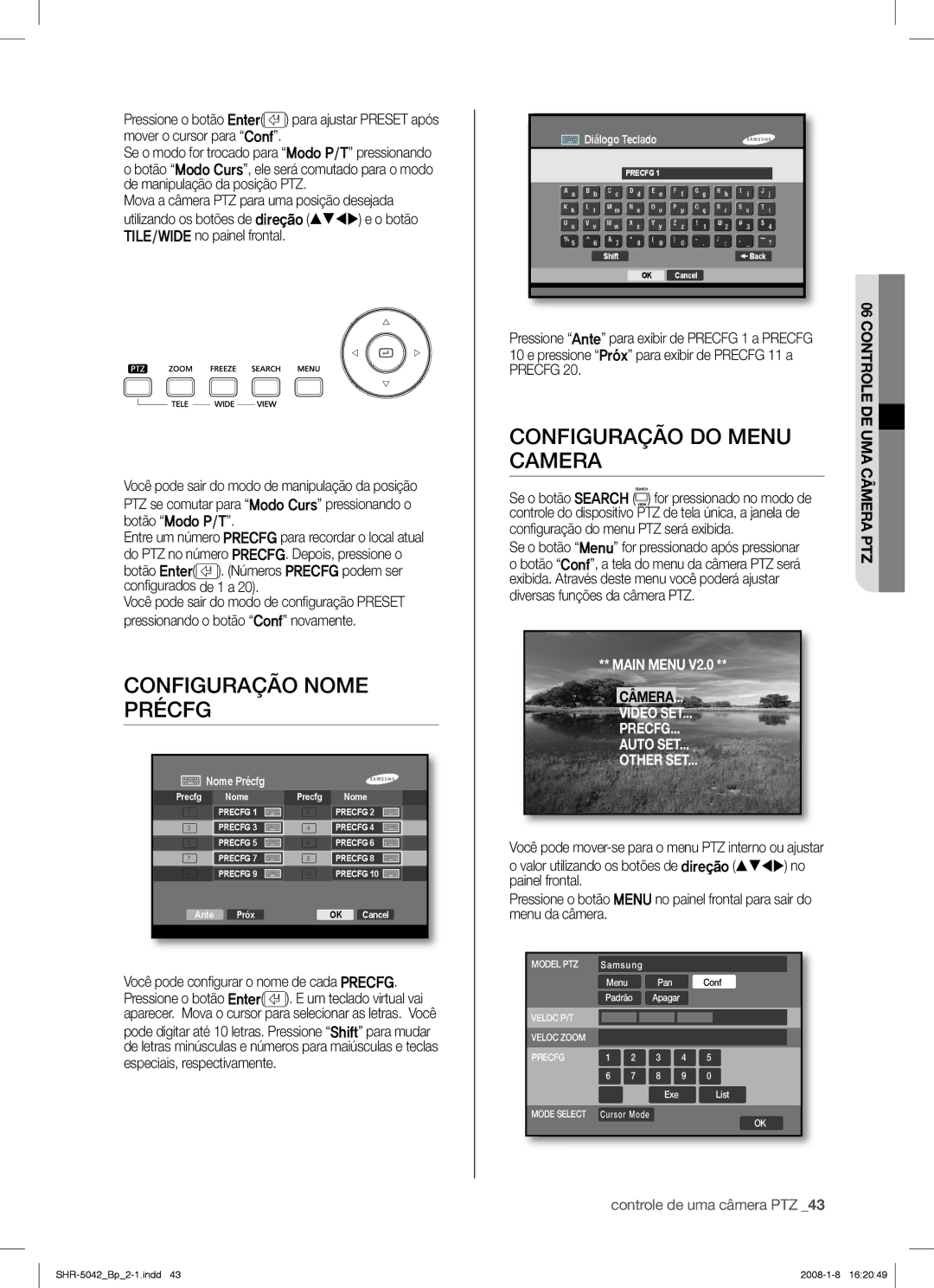 Samsung SHR-5040 user manual Configuração Nome Précfg, Configuração do Menu Camera, Controle DE UMA Câmera PTZ 