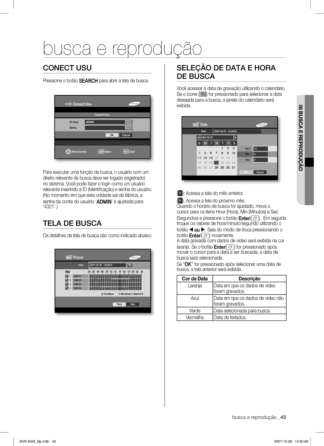 Samsung SHR-5040 user manual Busca e reprodução, Tela DE Busca, Seleção DE Data E Hora DE Busca, Cor da Data Descrição 