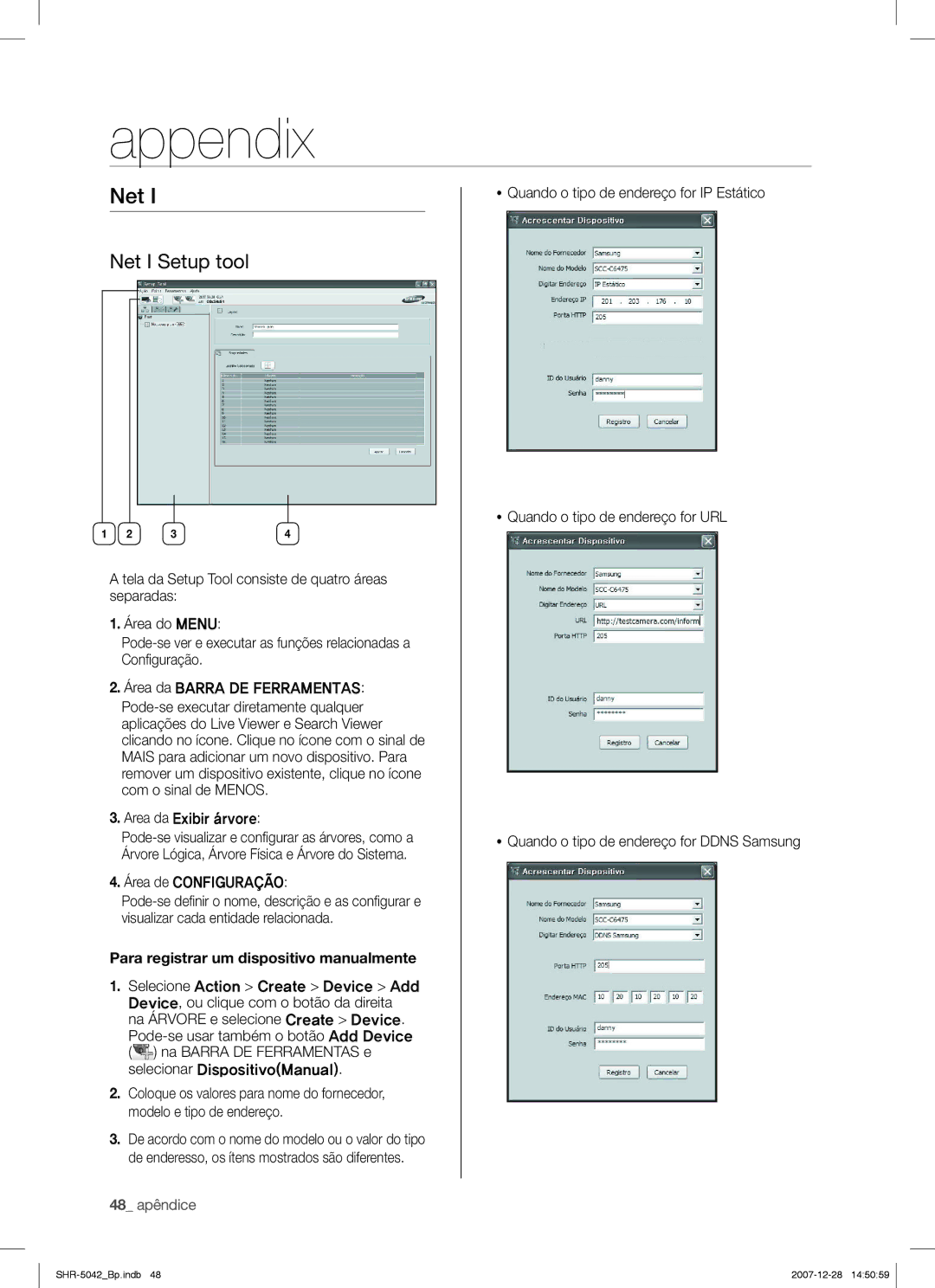 Samsung SHR-5040 user manual Appendix, Net I Setup tool, Para registrar um dispositivo manualmente, 48 apêndice 