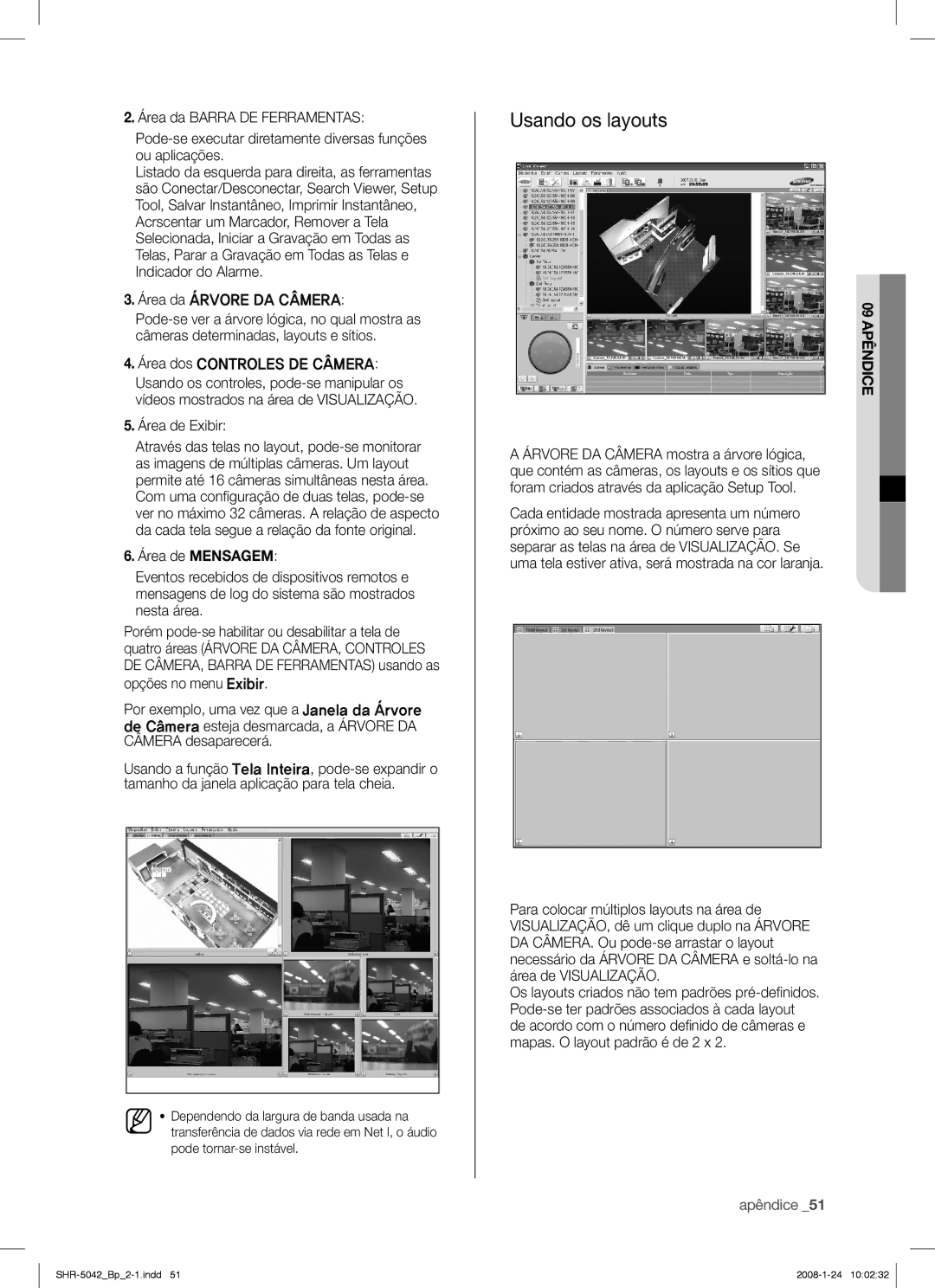 Samsung SHR-5040 Usando os layouts, Área da Rvore DA Cmera, Área dos Controles DE Cmera, Área de Exibir, Área de Mensagem 