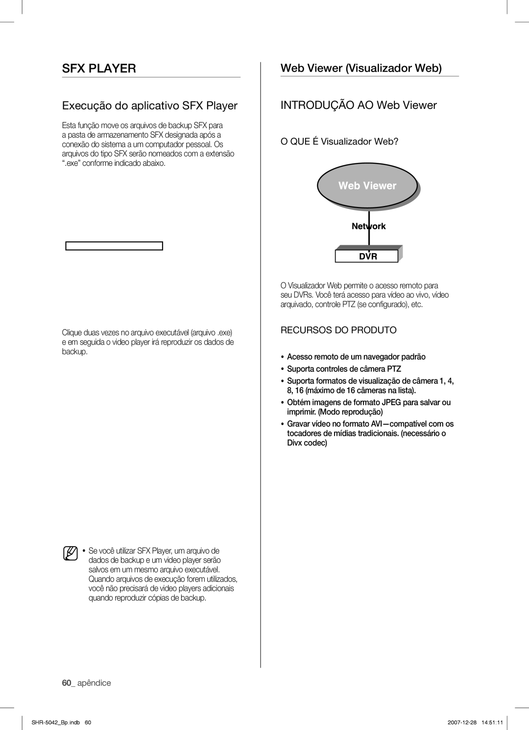Samsung SHR-5040 Execução do aplicativo SFX Player, Web Viewer Visualizador Web Introdução AO Web Viewer, 60 apêndice 