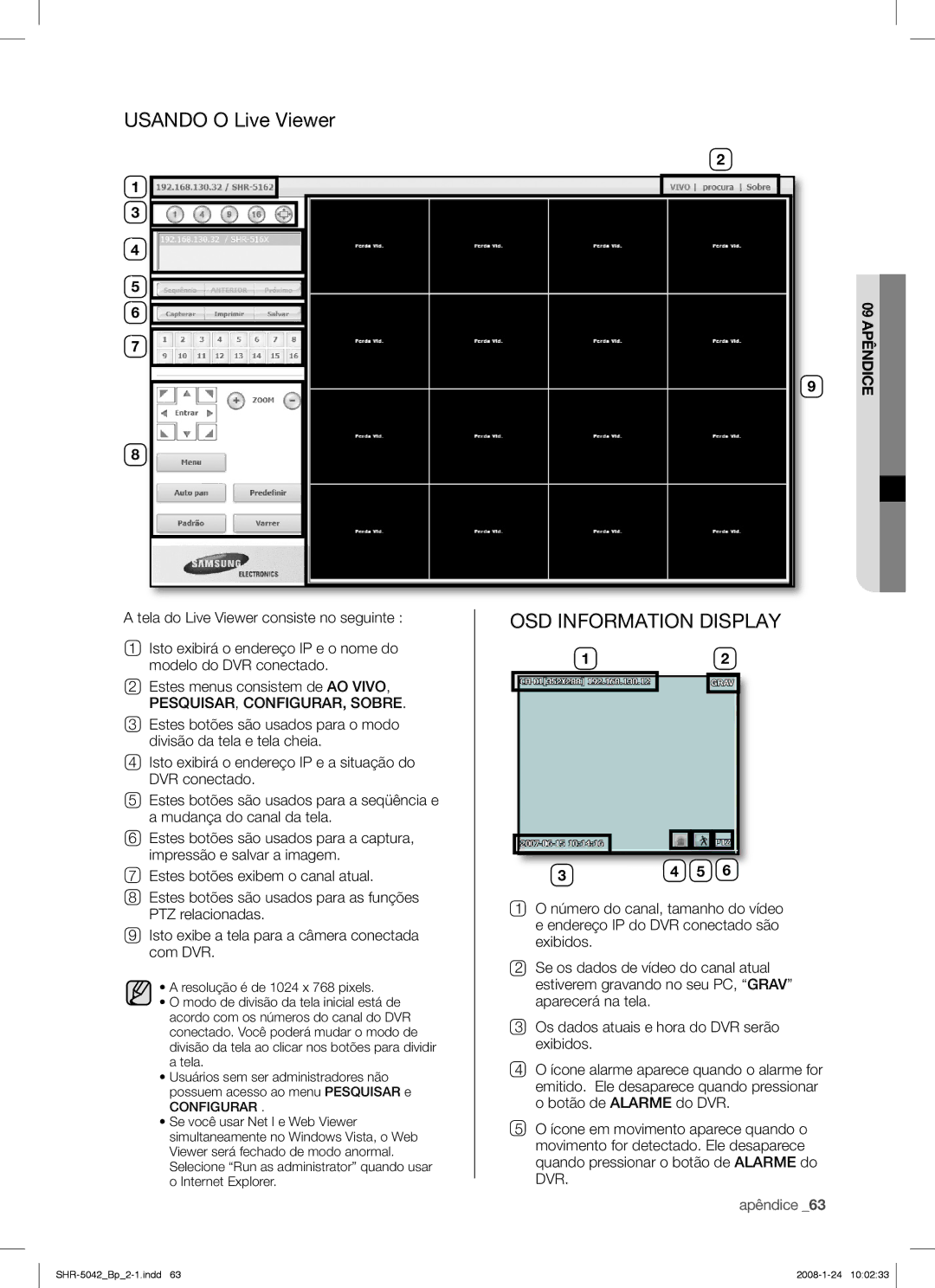 Samsung SHR-5040 user manual Usando O Live Viewer, OSD Information Display, PESQUISAR, CONFIGURAR, Sobre 