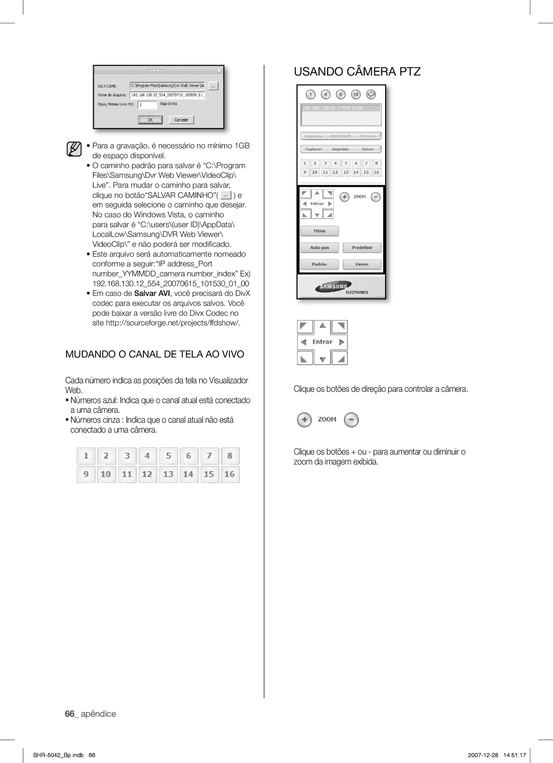 Samsung SHR-5040 user manual Usando Câmera PTZ, 66 apêndice 