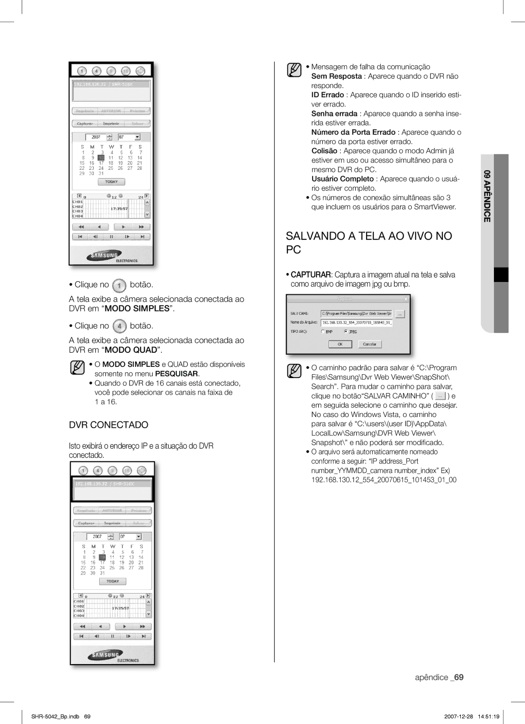 Samsung SHR-5040 user manual Salvando a Tela AO Vivo no PC, Clique no 