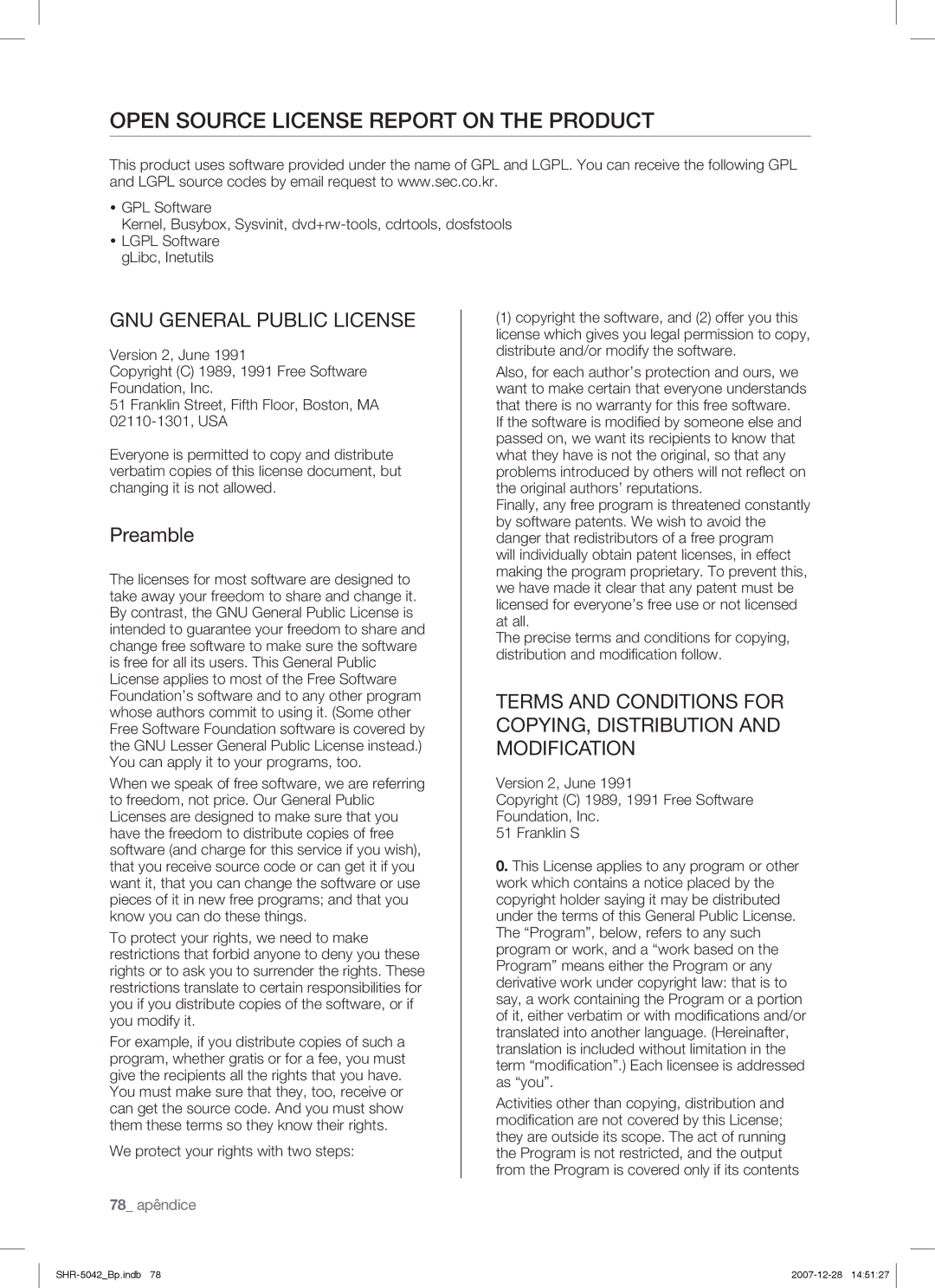 Samsung SHR-5040 user manual Open Source License Report on the Product, GNU General Public License, Preamble, 78 apêndice 